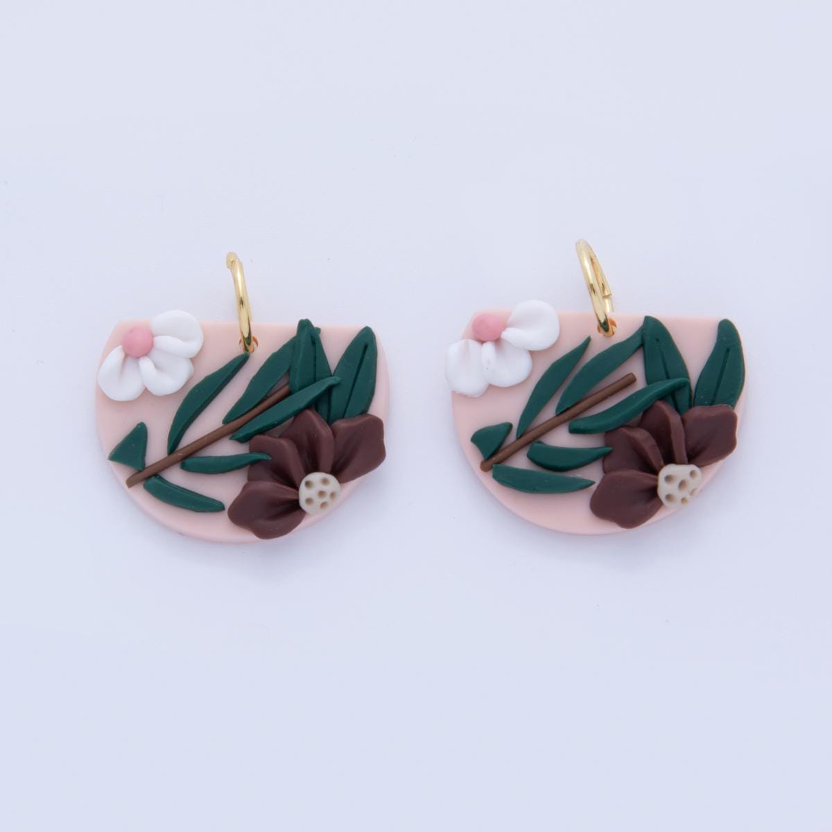 Clay Floral Earring Charms – Blush Pink Half Circle with Brown & White Flowers – Handmade Polymer Clay Jewelry Pendant AF-368
