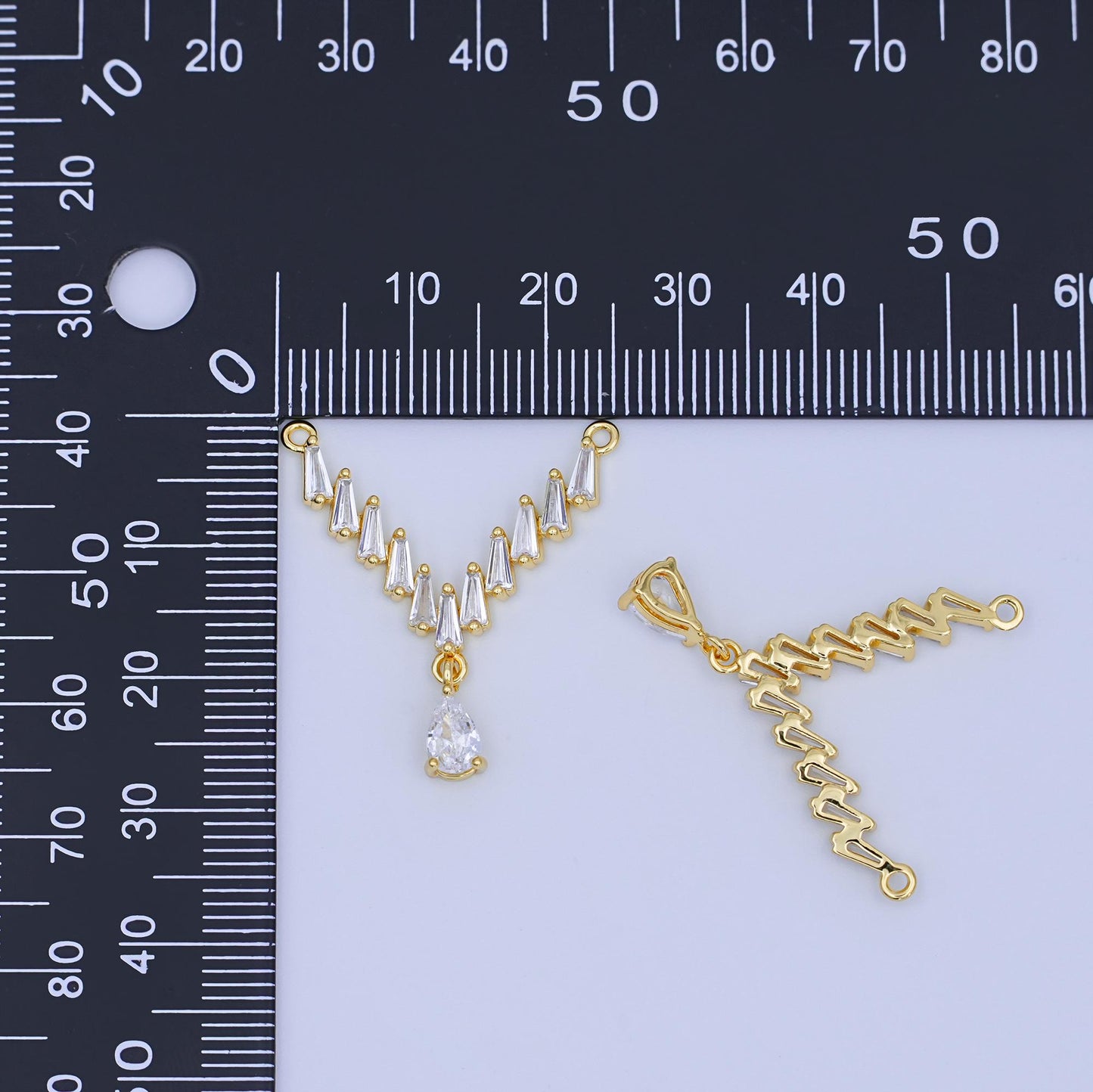 24K Gold Filled Clear CZ Baguette Teardrop V-Shaped Connector for Necklace Component | Y024