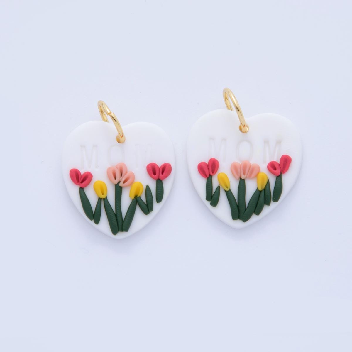 Floral Polymer Clay White Tulip Charms Handmade Heart Dangle Charms with 3D Flower Design Cherry Blossom Earring Necklace Supply AF-370