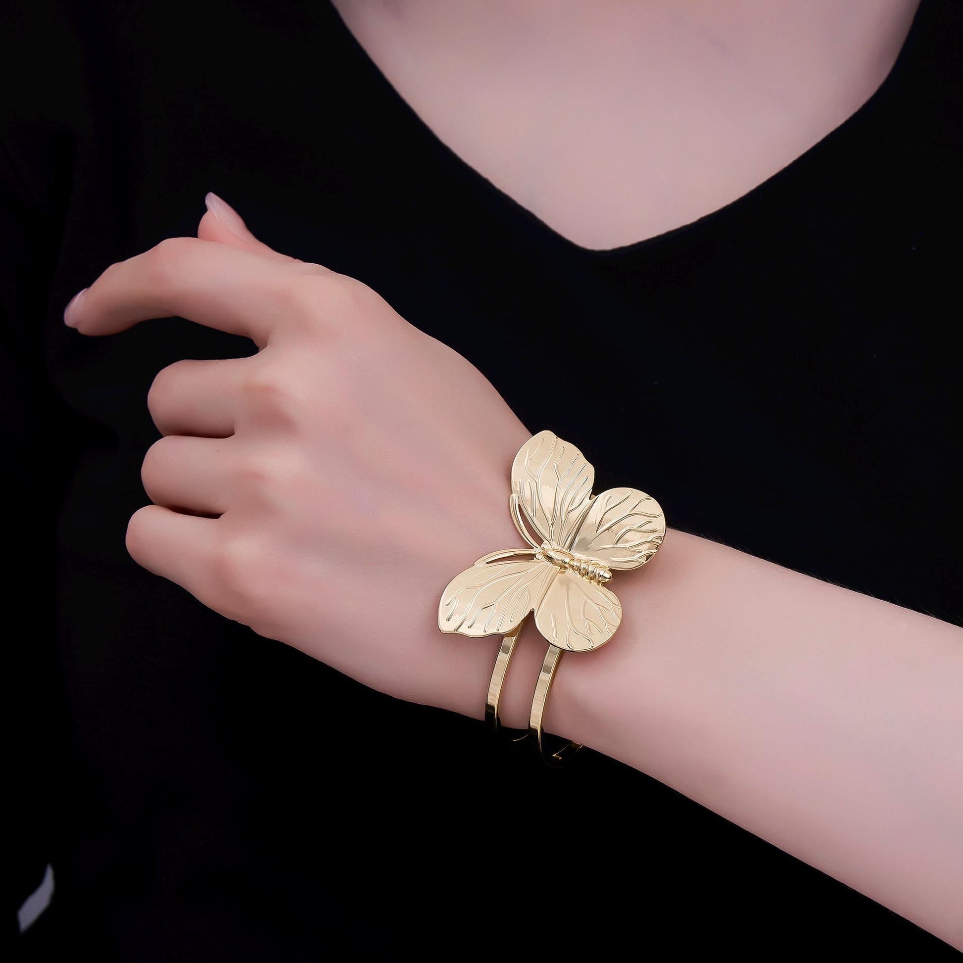 24K Gold Filled Butterfly Double Band Cuff Bracelet | WA-3237