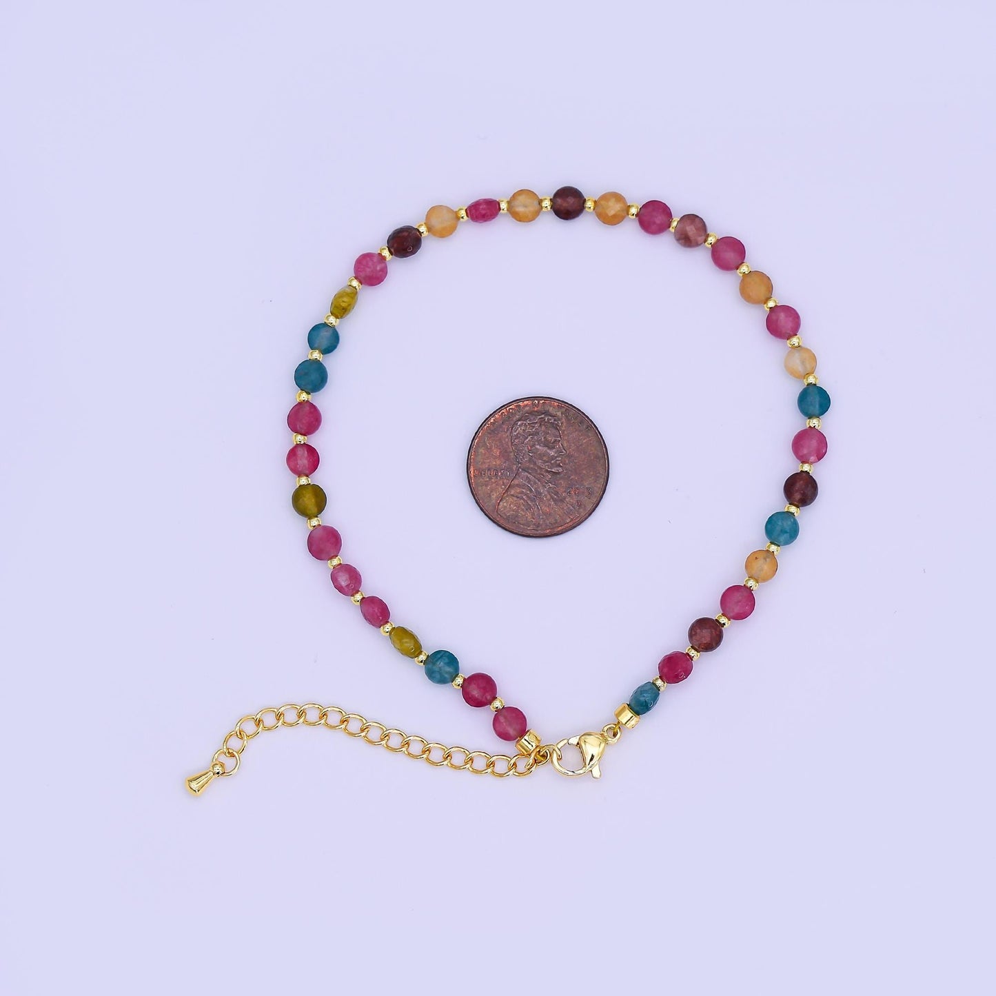 24K Gold Filled 4.5mm Multicolor Natural Gemstone Round Bead 8.5 Inch Bracelet Anklet | WA-3152