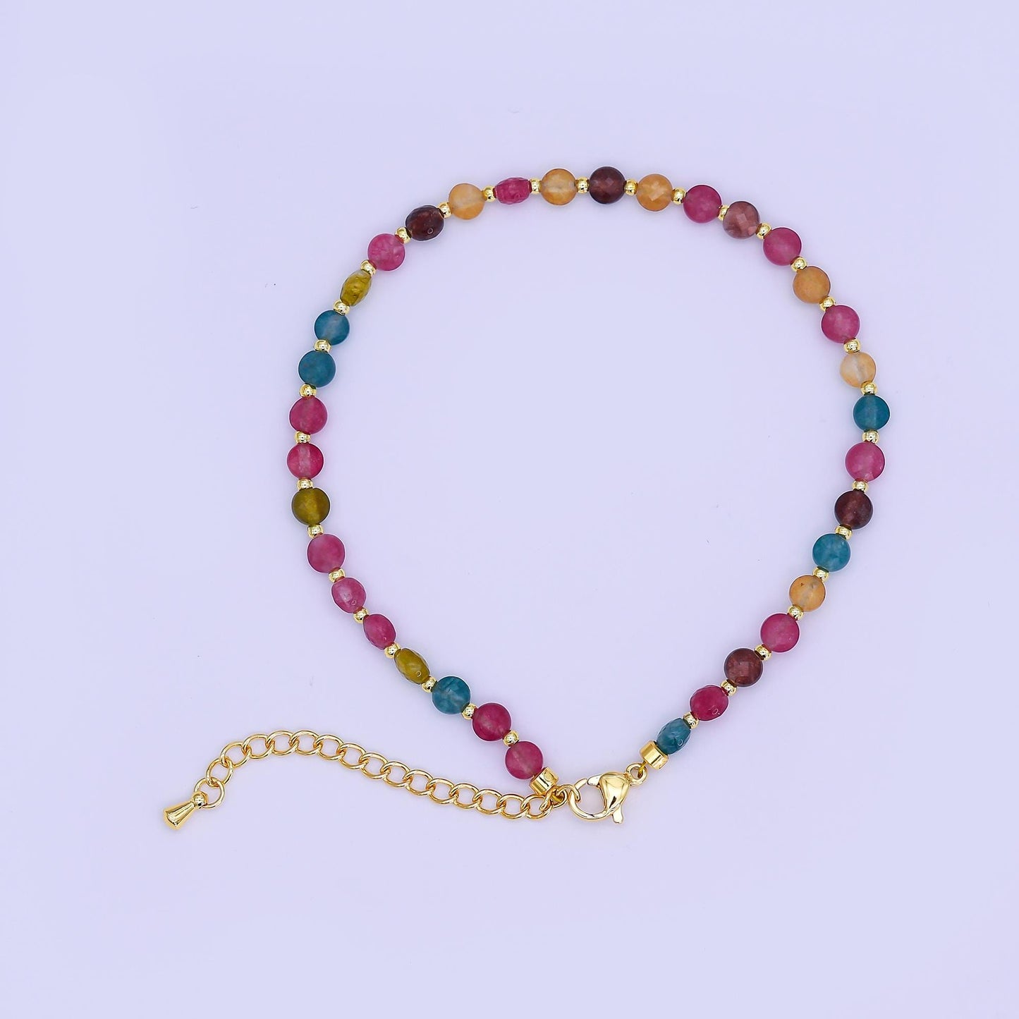 24K Gold Filled 4.5mm Multicolor Natural Gemstone Round Bead 8.5 Inch Bracelet Anklet | WA-3152