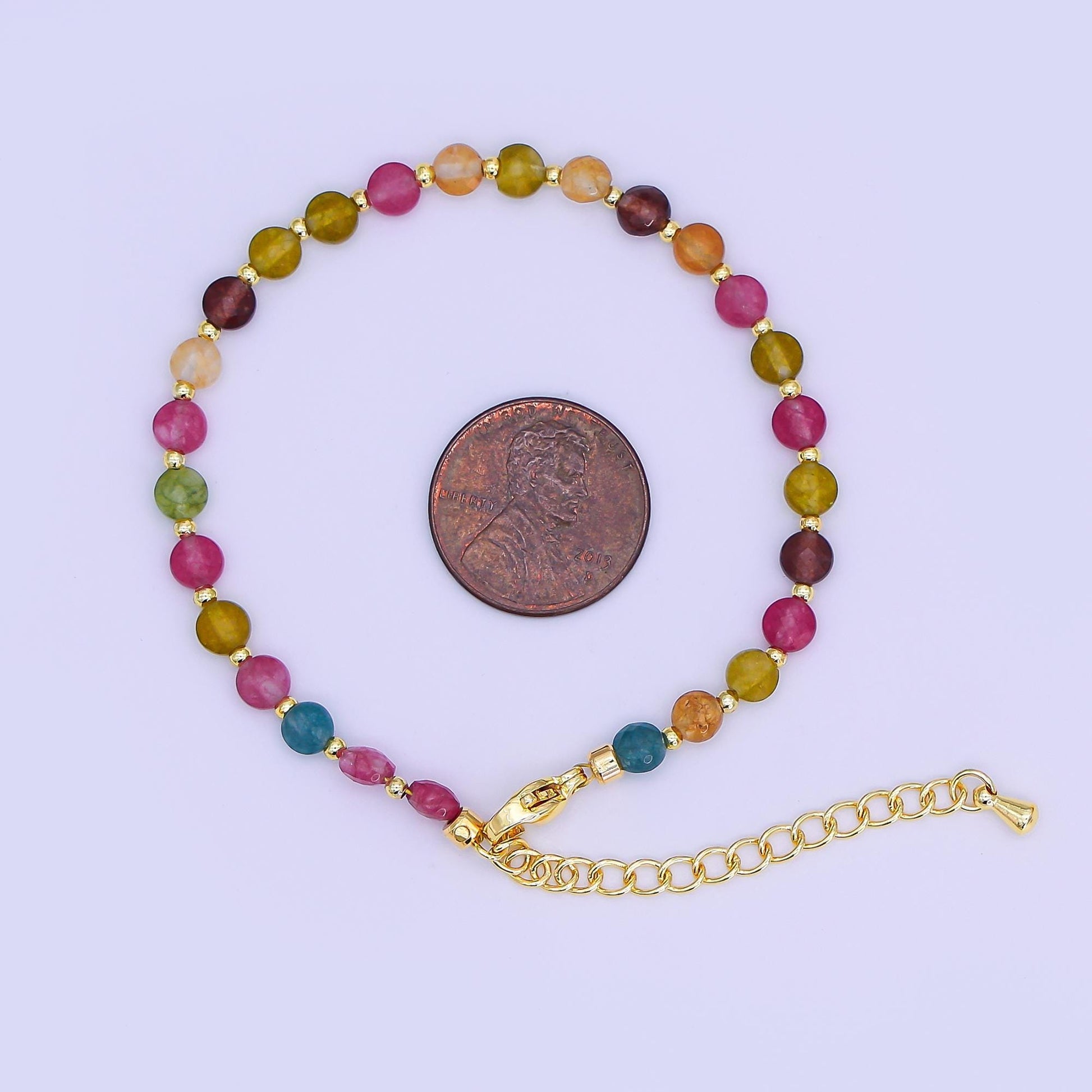 24K Gold Filled 4.5mm Multicolor Natural Gemstone Round Bead 6.5 Inch Bracelet | WA-3153