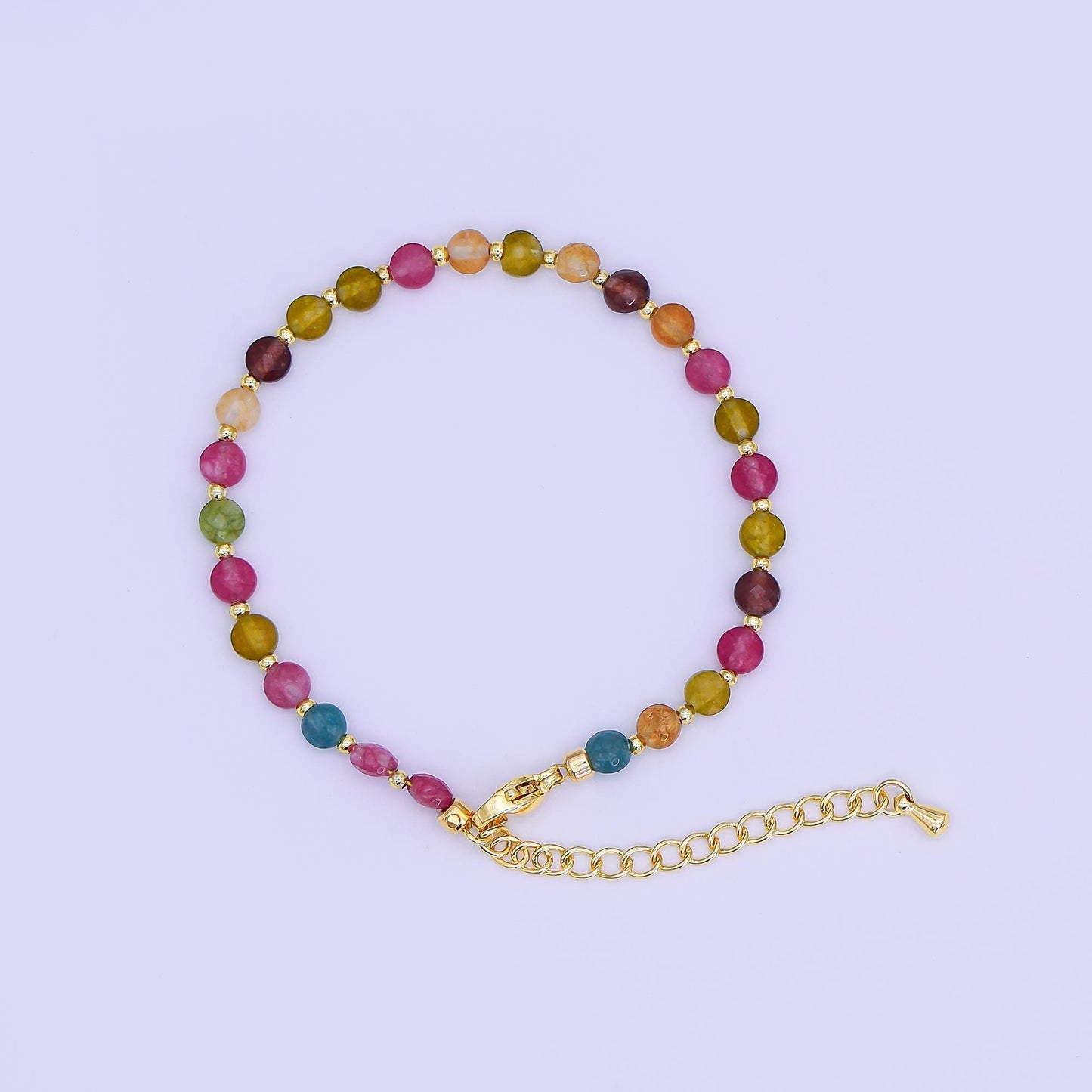 24K Gold Filled 4.5mm Multicolor Natural Gemstone Round Bead 6.5 Inch Bracelet | WA-3153
