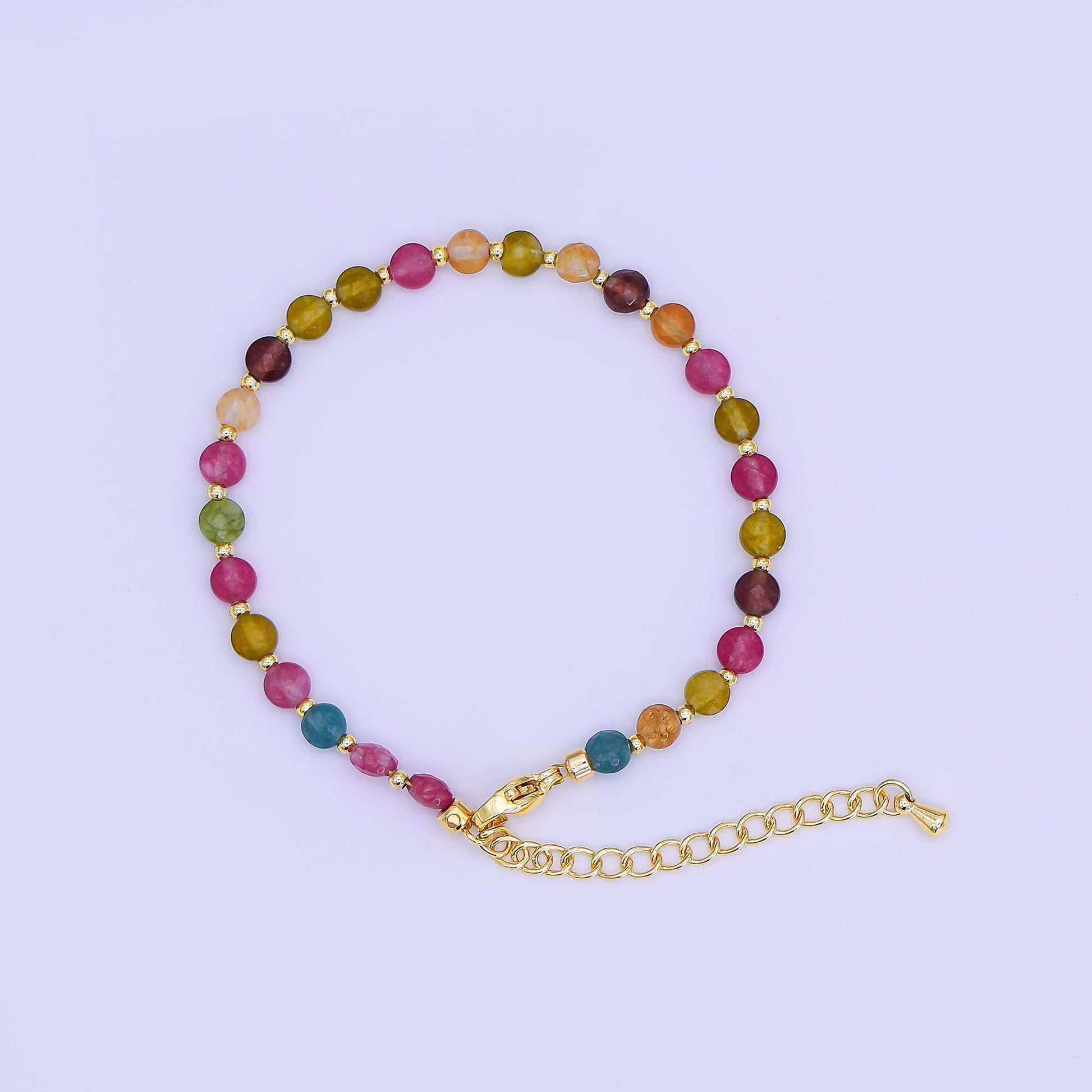 24K Gold Filled 4.5mm Multicolor Natural Gemstone Round Bead 6.5 Inch Bracelet | WA-3153