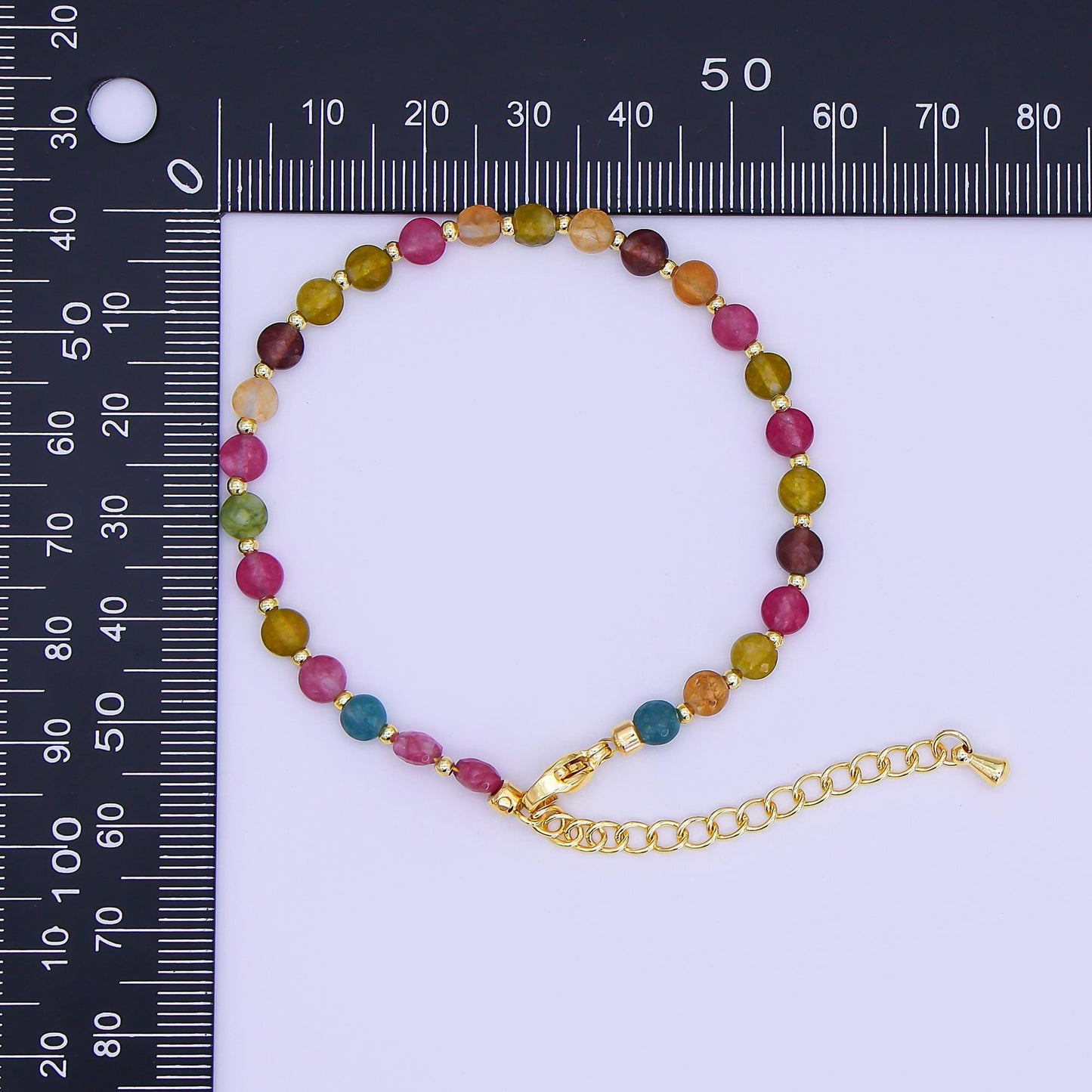 24K Gold Filled 4.5mm Multicolor Natural Gemstone Round Bead 6.5 Inch Bracelet | WA-3153