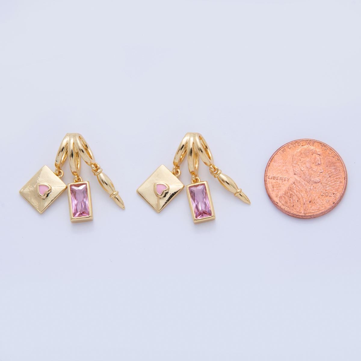 18K Gold Filled Pink Baguette CZ Letter Pen Triple Rhondelle Drop Pendant | AF342
