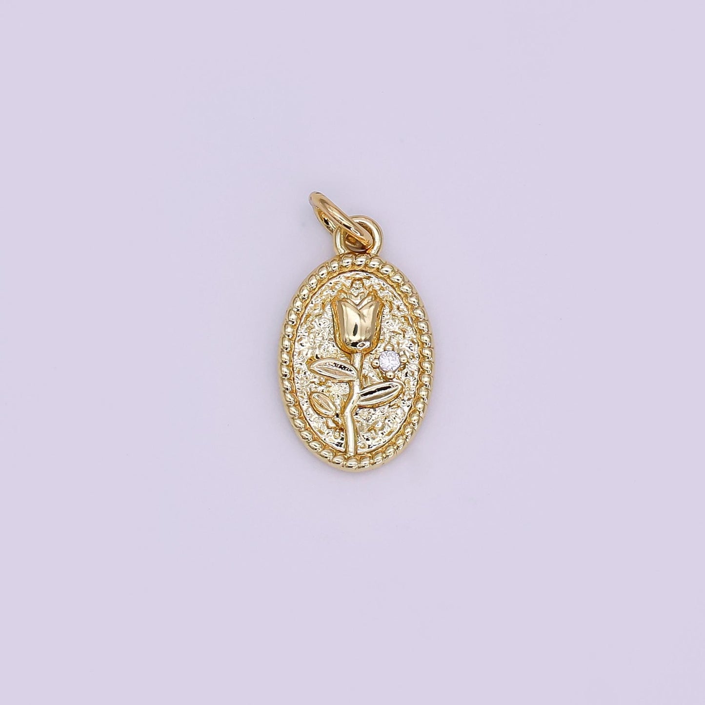 24K Gold Filled Oval Rose Flower Beaded Bezel Charm | N-957