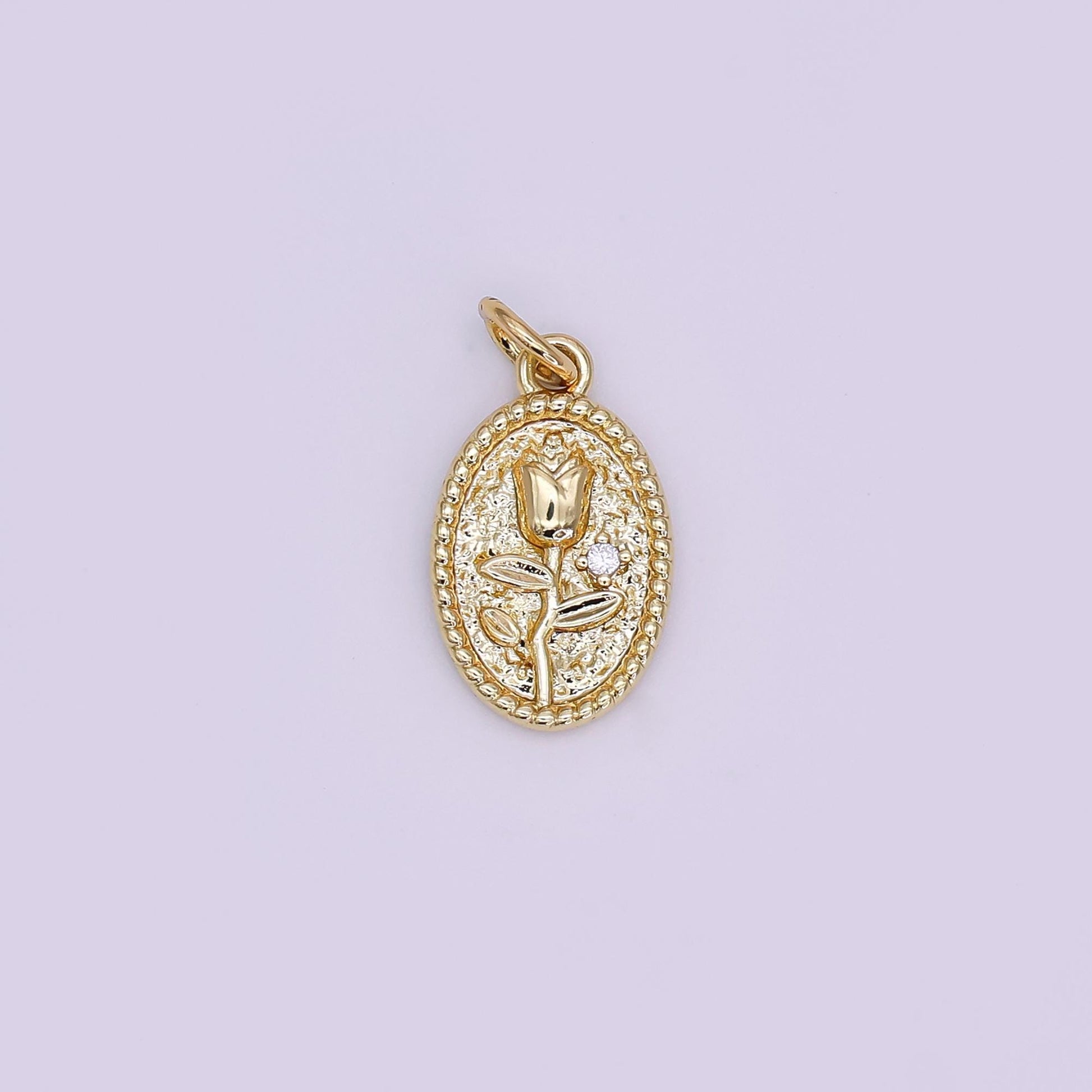 24K Gold Filled Oval Rose Flower Beaded Bezel Charm | N-957