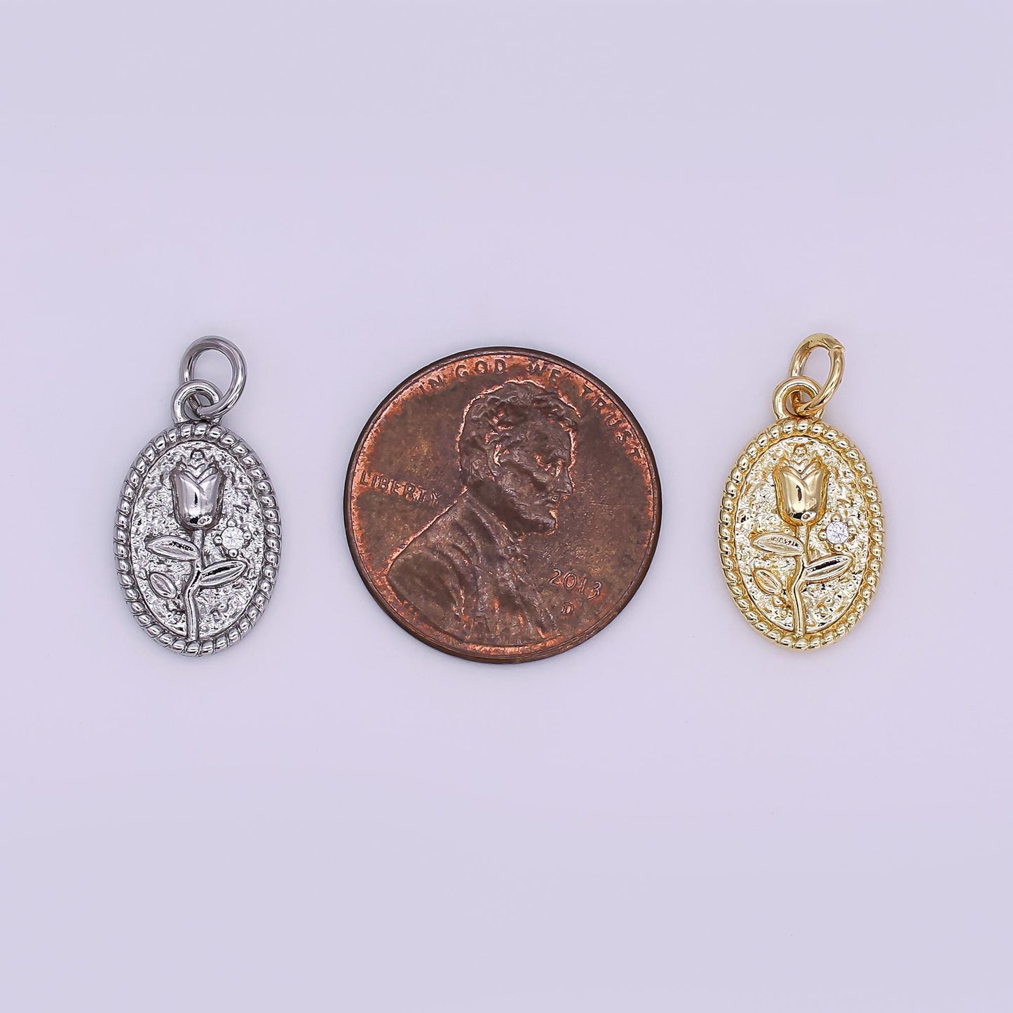 24K Gold Filled Oval Rose Flower Beaded Bezel Charm | N-957