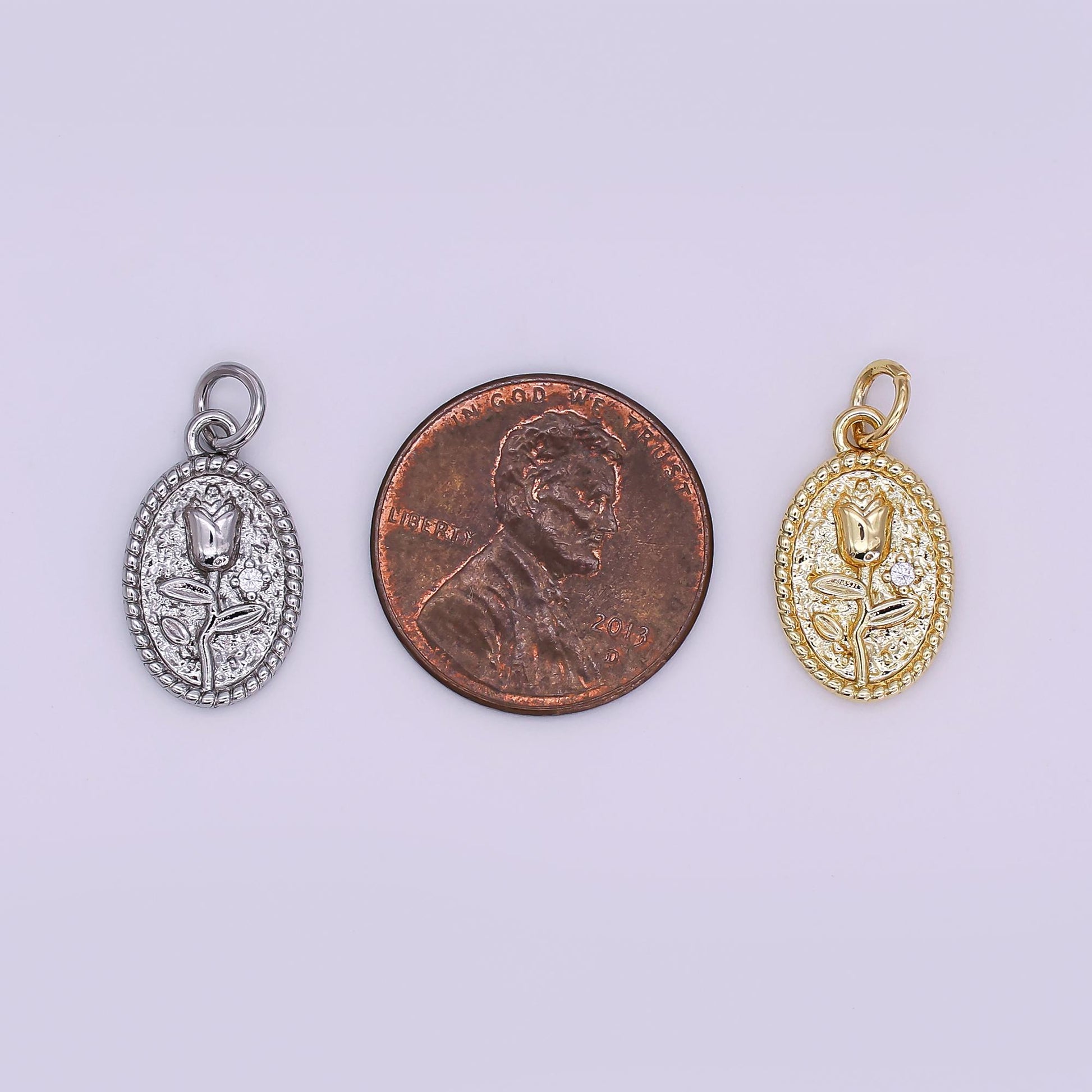 24K Gold Filled Oval Rose Flower Beaded Bezel Charm | N-957