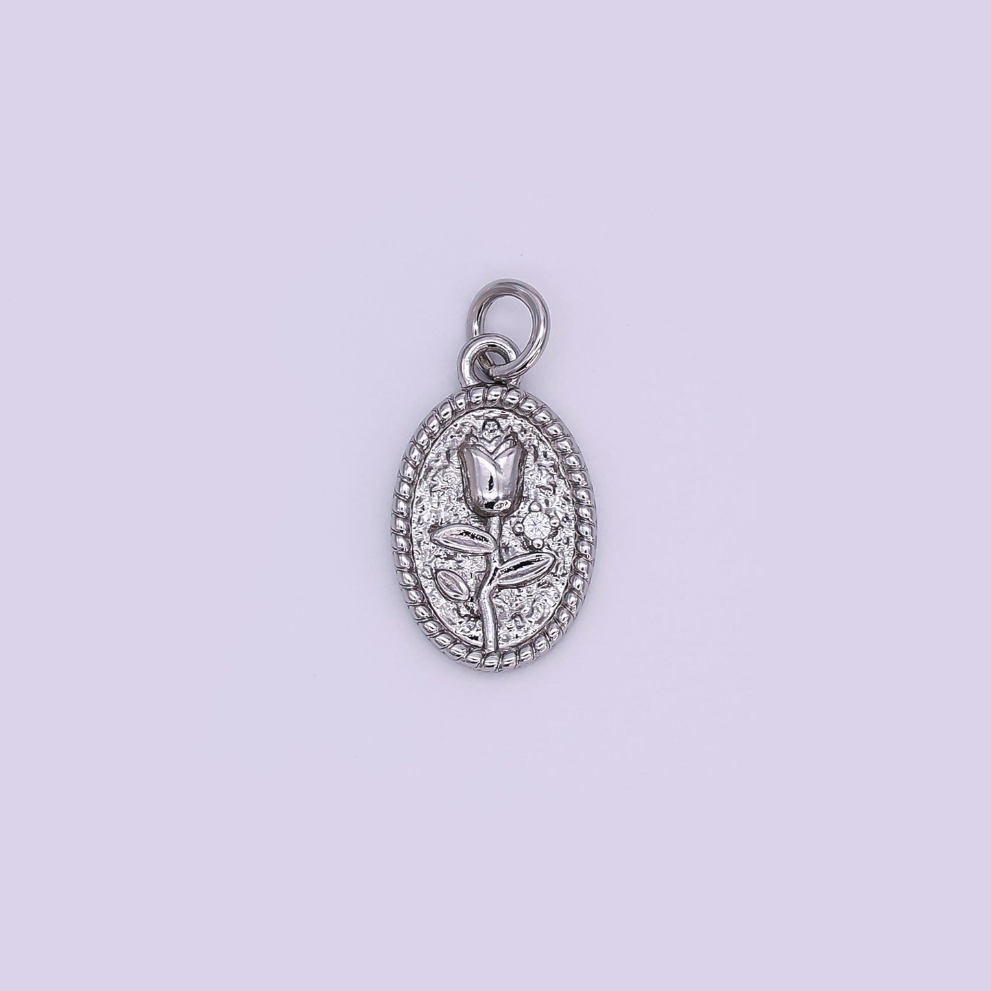 24K Gold Filled Oval Rose Flower Beaded Bezel Charm | N-957