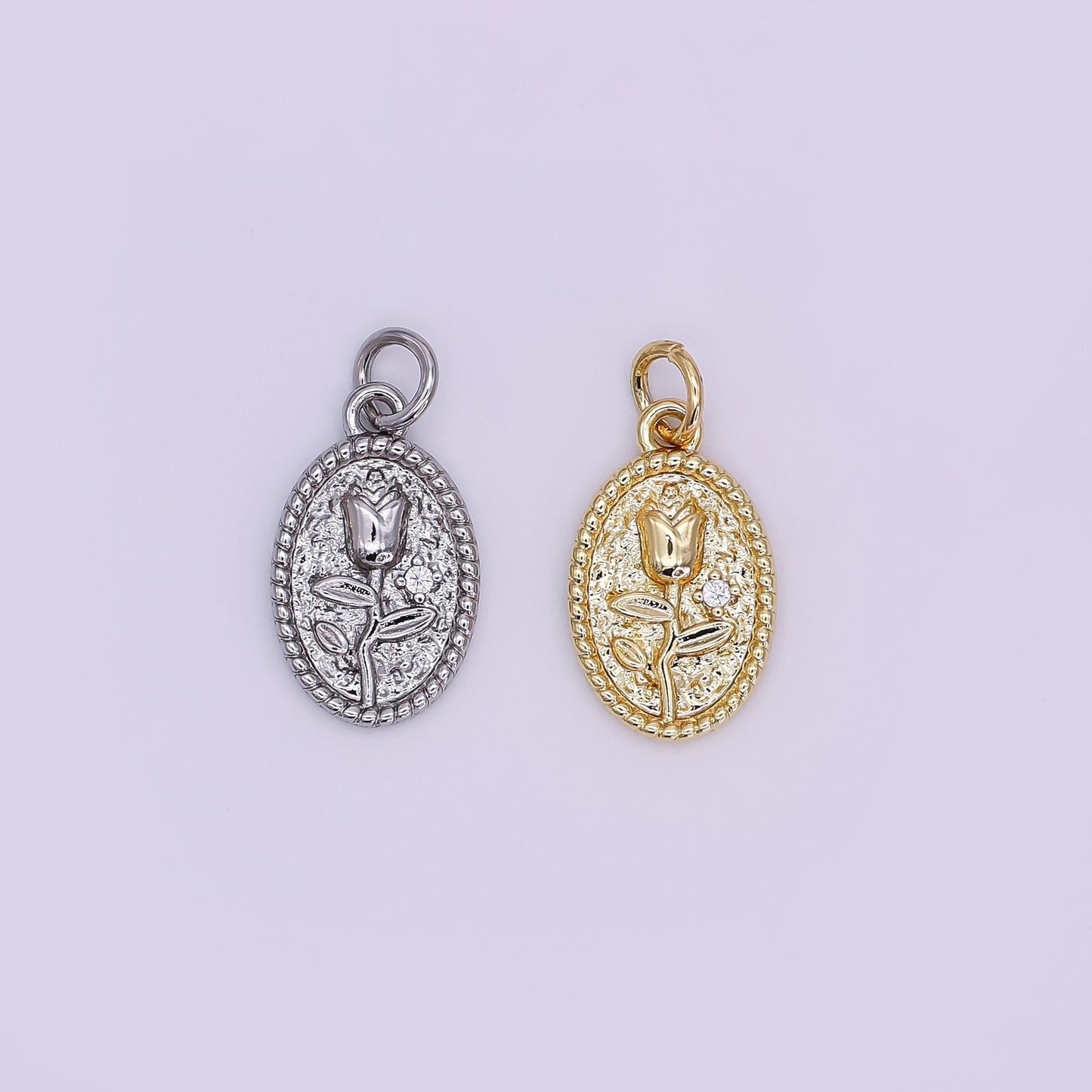24K Gold Filled Oval Rose Flower Beaded Bezel Charm | N-957