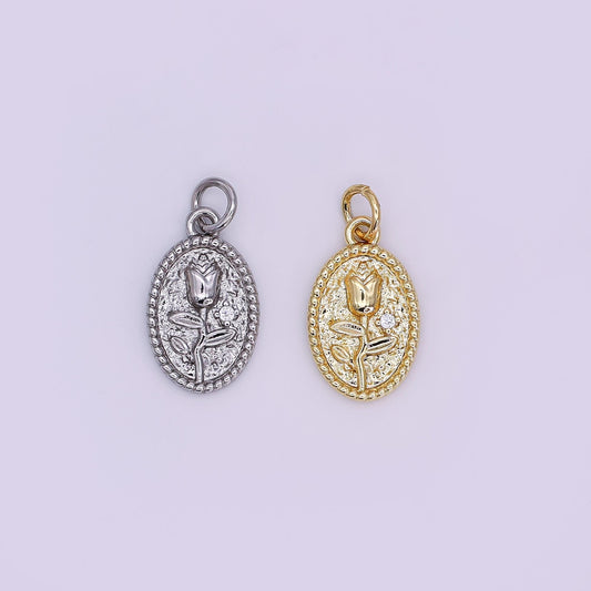 24K Gold Filled Oval Rose Flower Beaded Bezel Charm | N-957