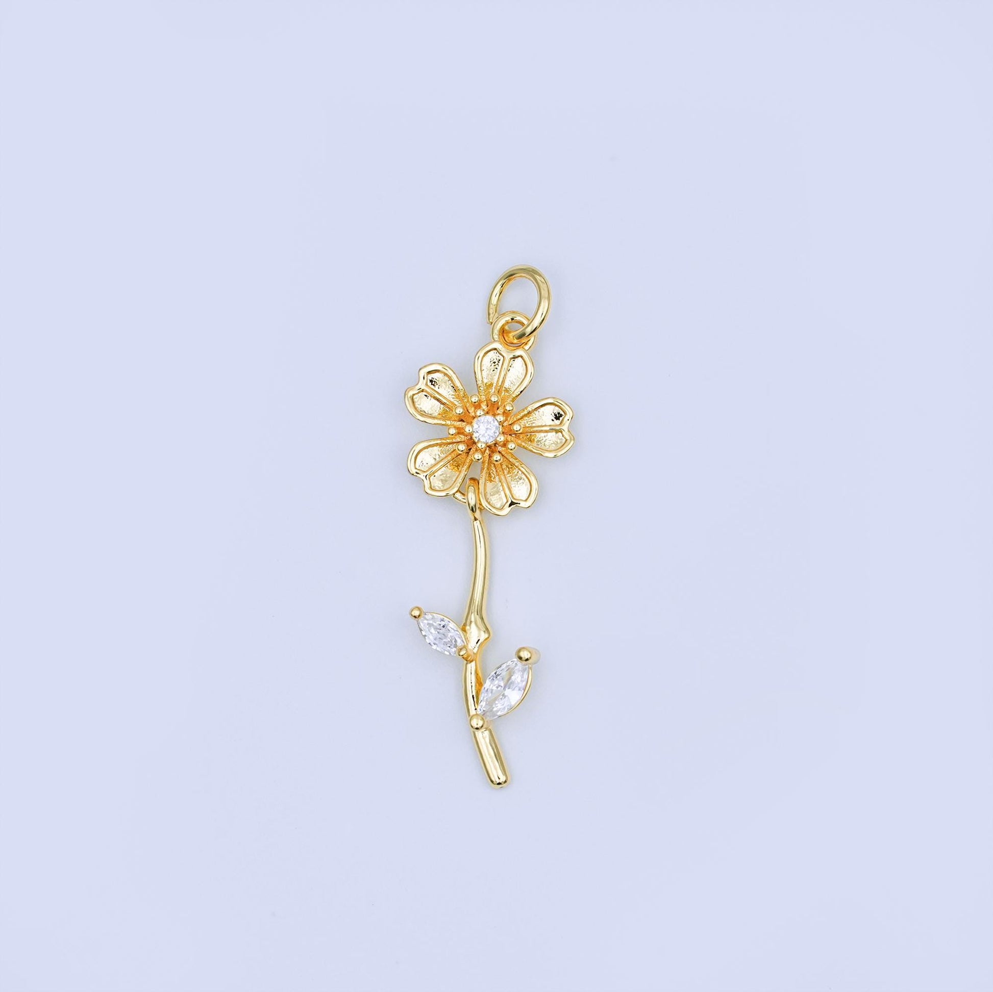 Gold Daisy Flower Charm with CZ Leaves – Elegant Floral Pendant for Necklace or Bracelet – Delicate Gold Plated Jewelry Supply AF-458