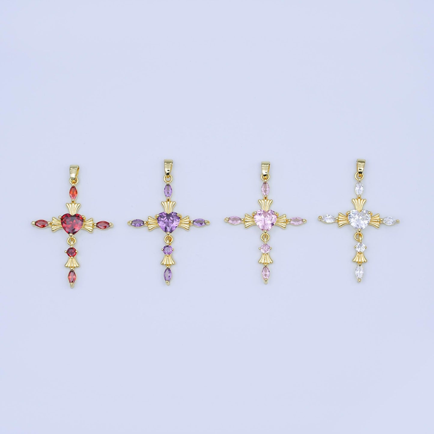 Gold Cross Charm with Heart CZ Center – Elegant Religious Pendant with Marquise Crystals – Gold Filled Necklace or Bracelet Charm AH436