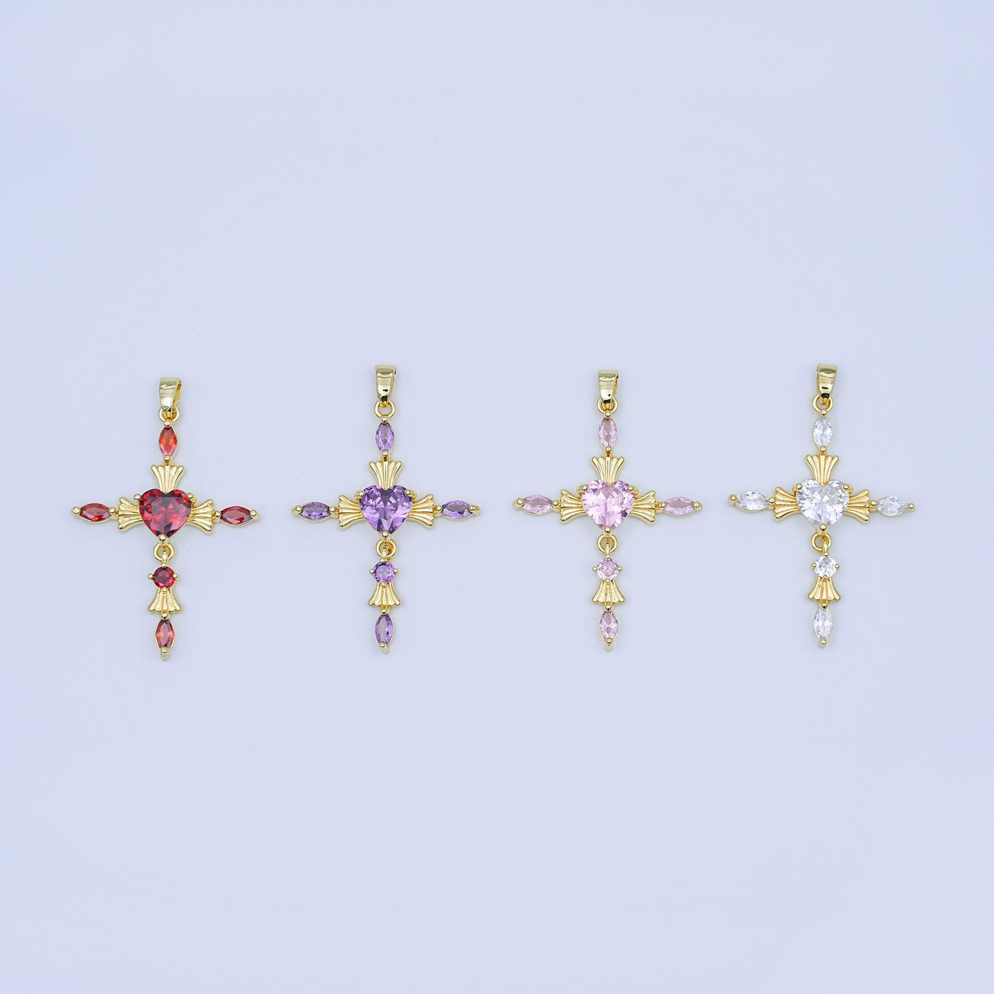 Gold Cross Charm with Heart CZ Center – Elegant Religious Pendant with Marquise Crystals – Gold Filled Necklace or Bracelet Charm AH436