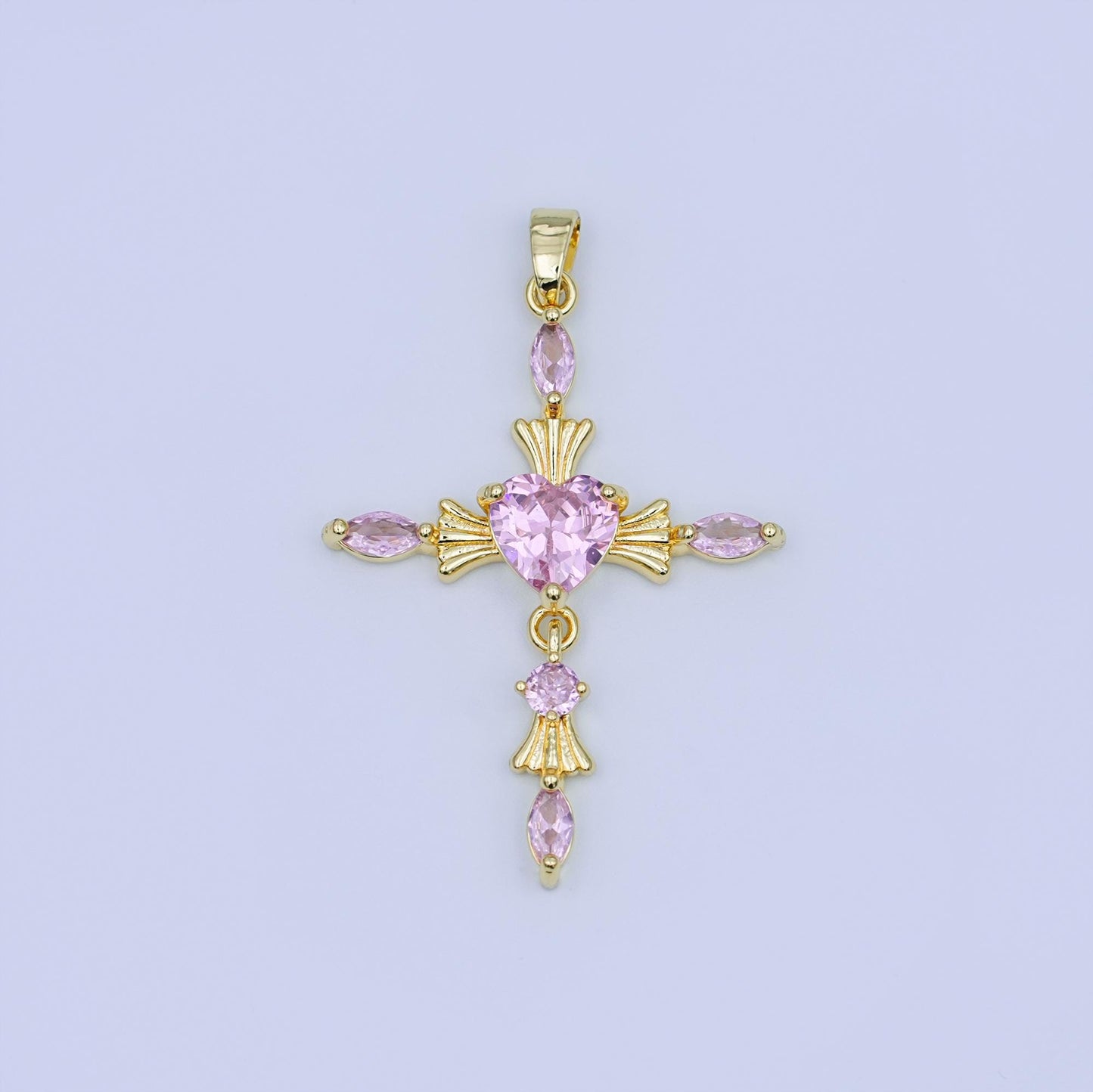 Gold Cross Charm with Heart CZ Center – Elegant Religious Pendant with Marquise Crystals – Gold Filled Necklace or Bracelet Charm AH436