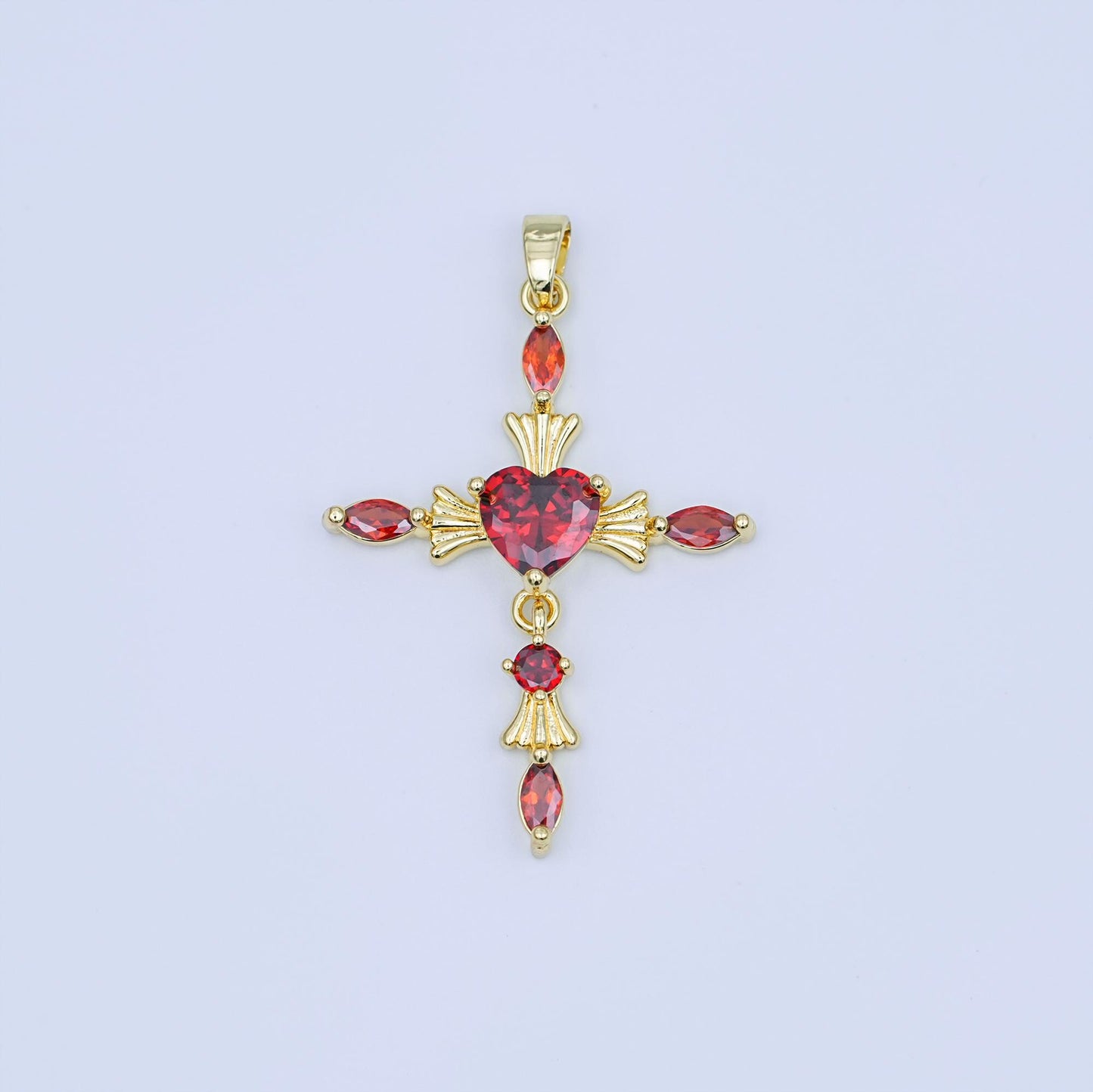 Gold Cross Charm with Heart CZ Center – Elegant Religious Pendant with Marquise Crystals – Gold Filled Necklace or Bracelet Charm AH436