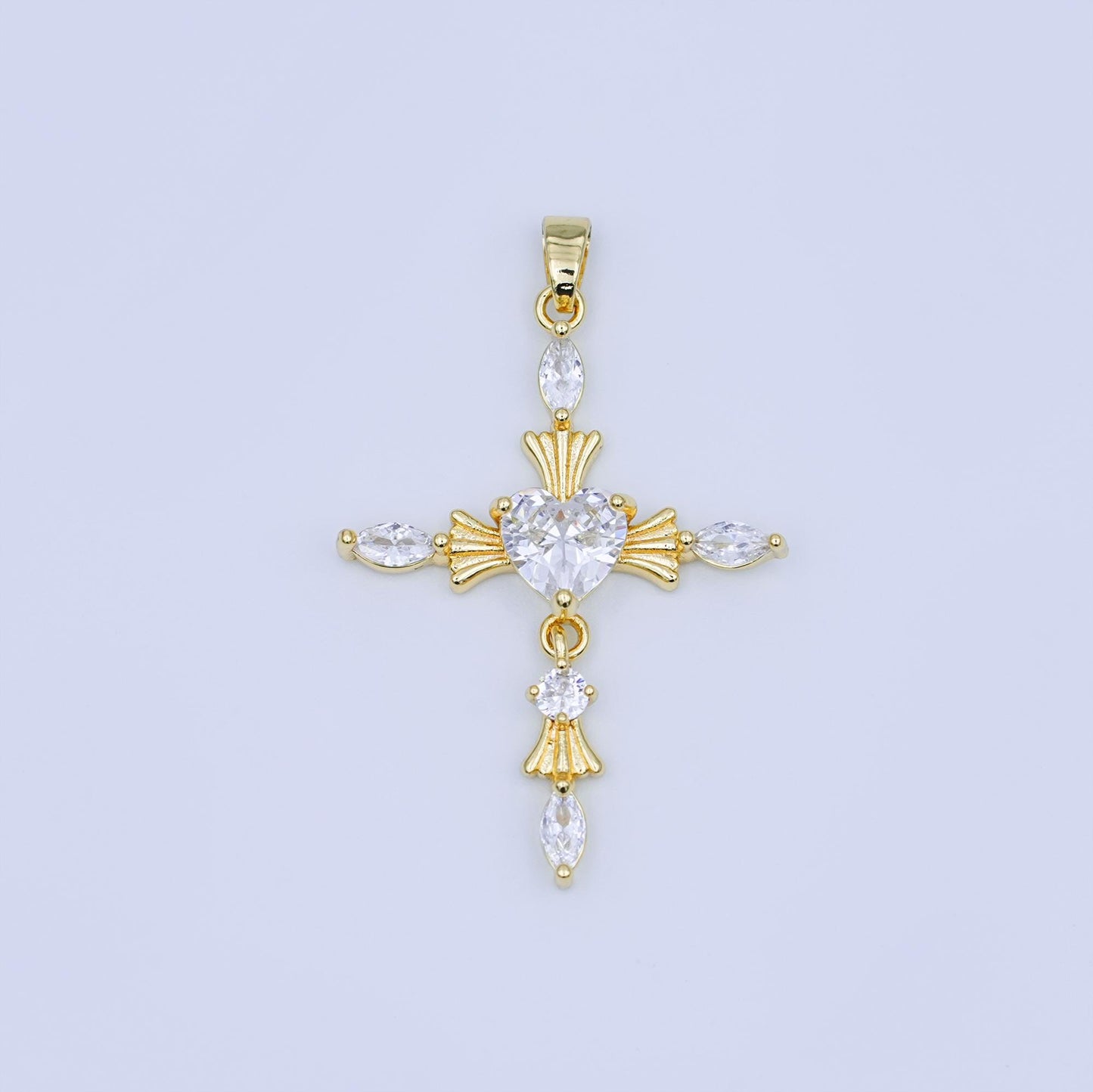 Gold Cross Charm with Heart CZ Center – Elegant Religious Pendant with Marquise Crystals – Gold Filled Necklace or Bracelet Charm AH436