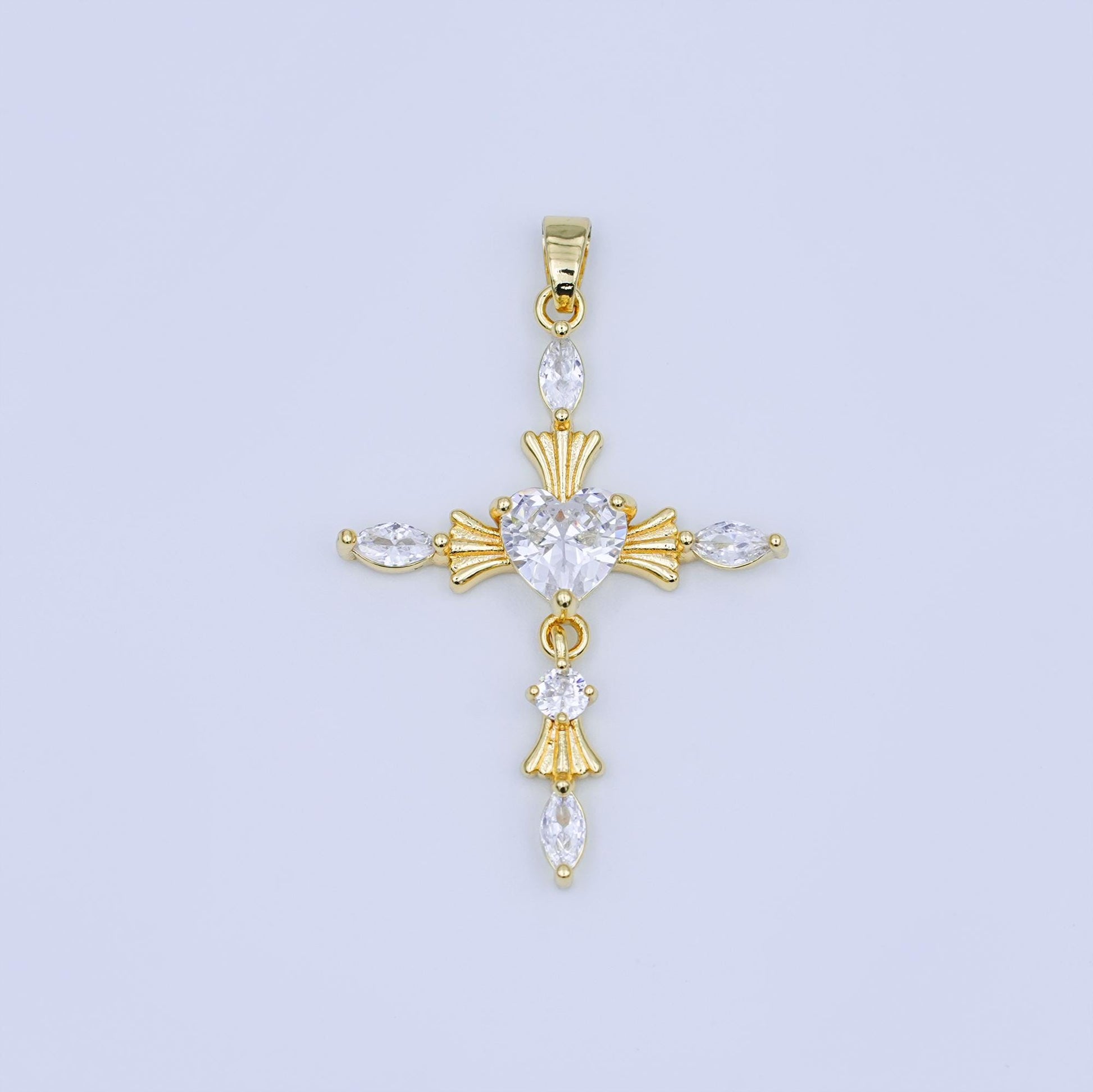 Gold Cross Charm with Heart CZ Center – Elegant Religious Pendant with Marquise Crystals – Gold Filled Necklace or Bracelet Charm AH436