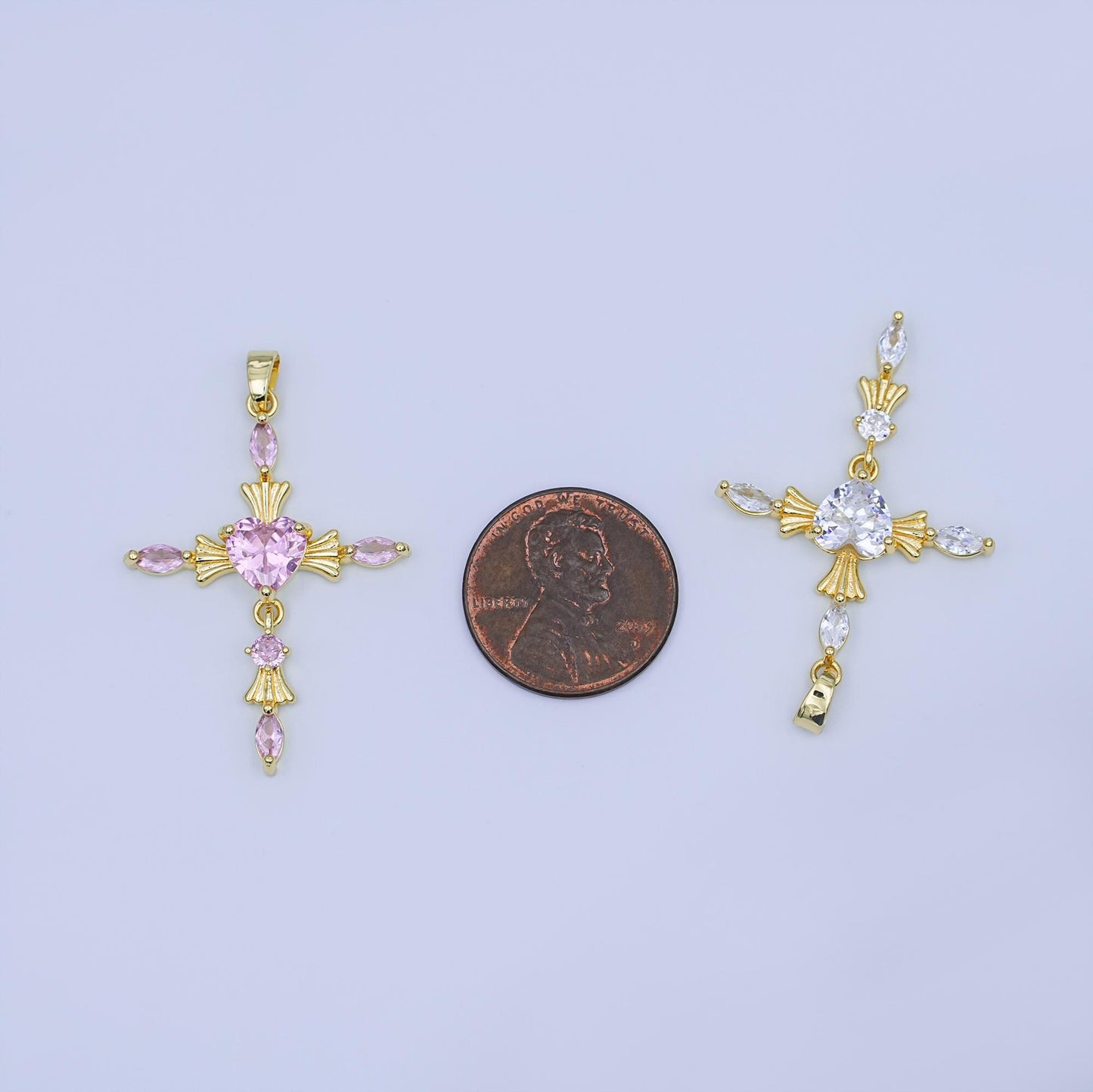 Gold Cross Charm with Heart CZ Center – Elegant Religious Pendant with Marquise Crystals – Gold Filled Necklace or Bracelet Charm AH436