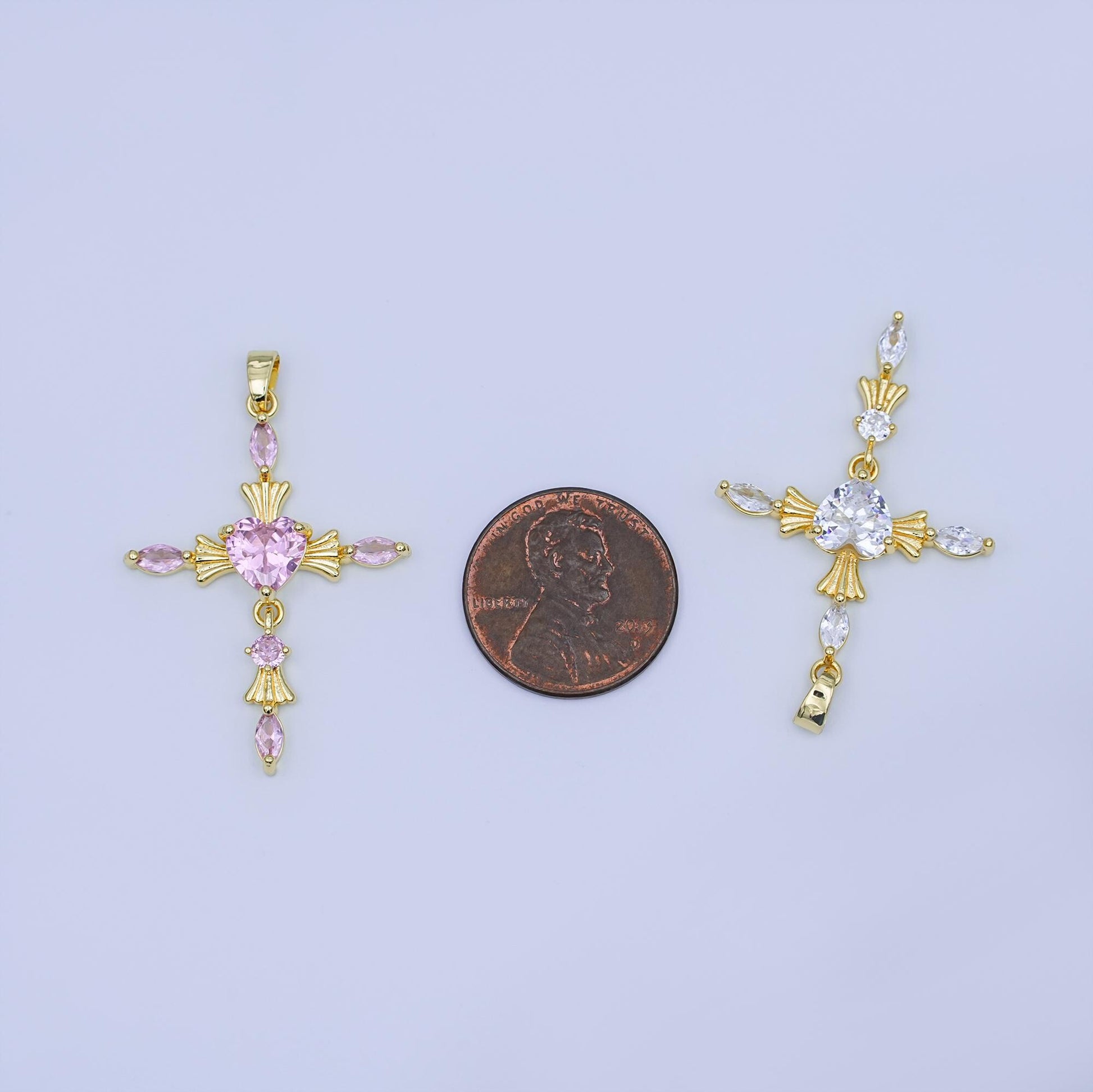 Gold Cross Charm with Heart CZ Center – Elegant Religious Pendant with Marquise Crystals – Gold Filled Necklace or Bracelet Charm AH436
