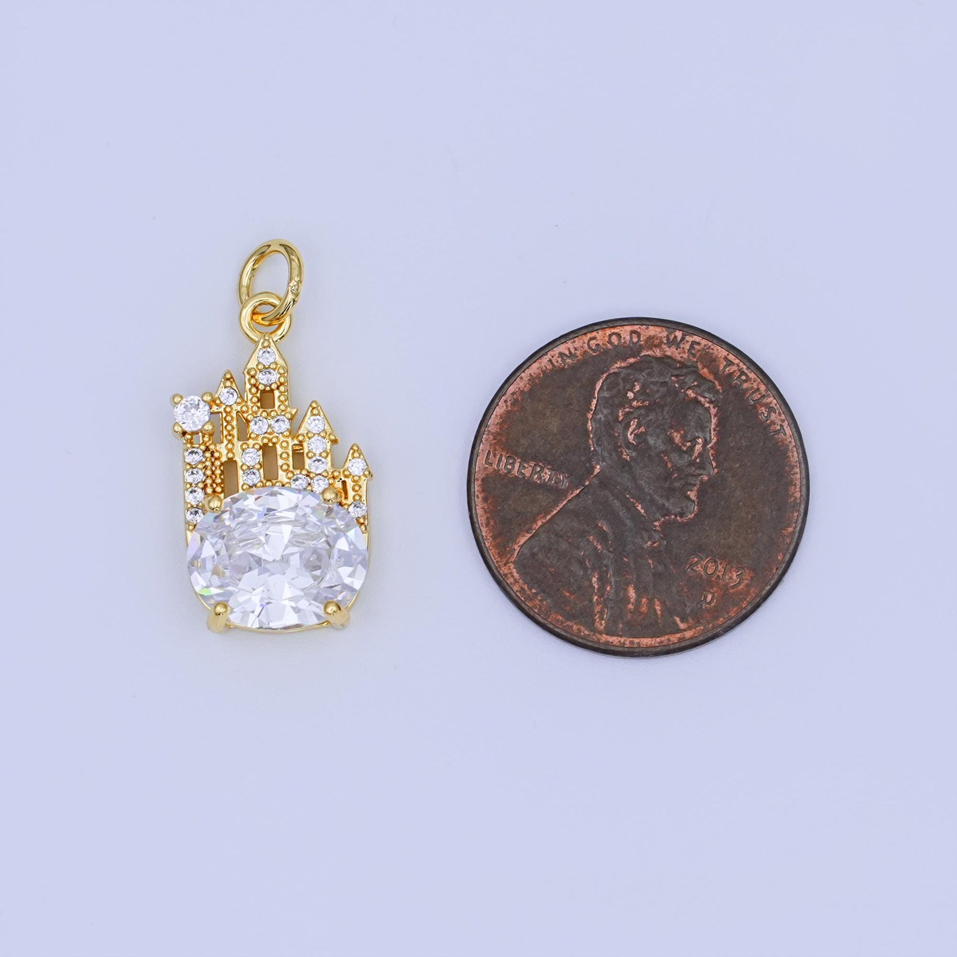 Mini gold Castle charm with Oval CZ Stone Fantasy pendant N-702