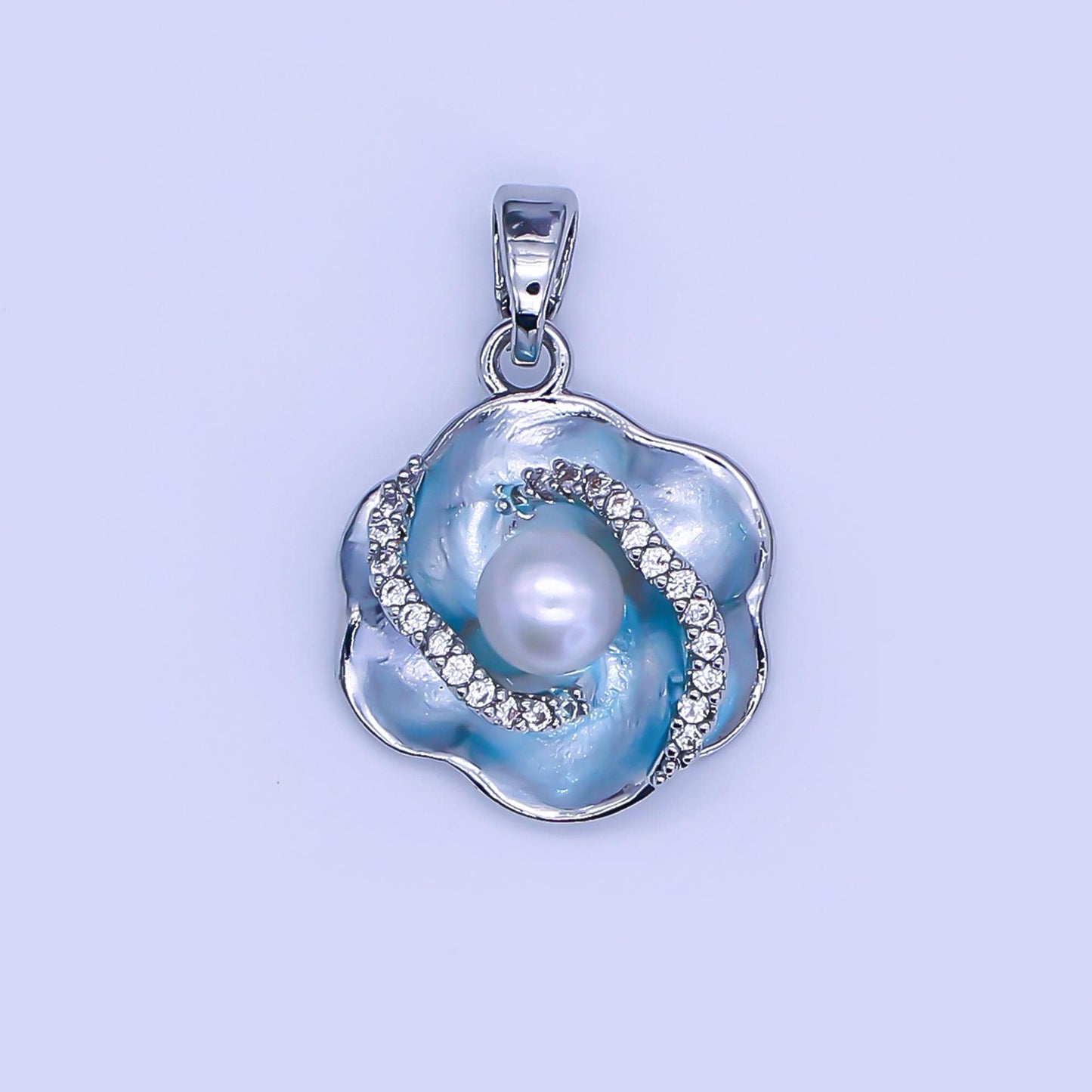 18k gold filled Hibiscus flower Iridescent Pearl Floral Charm pendant with Pearl Stone | AH-405