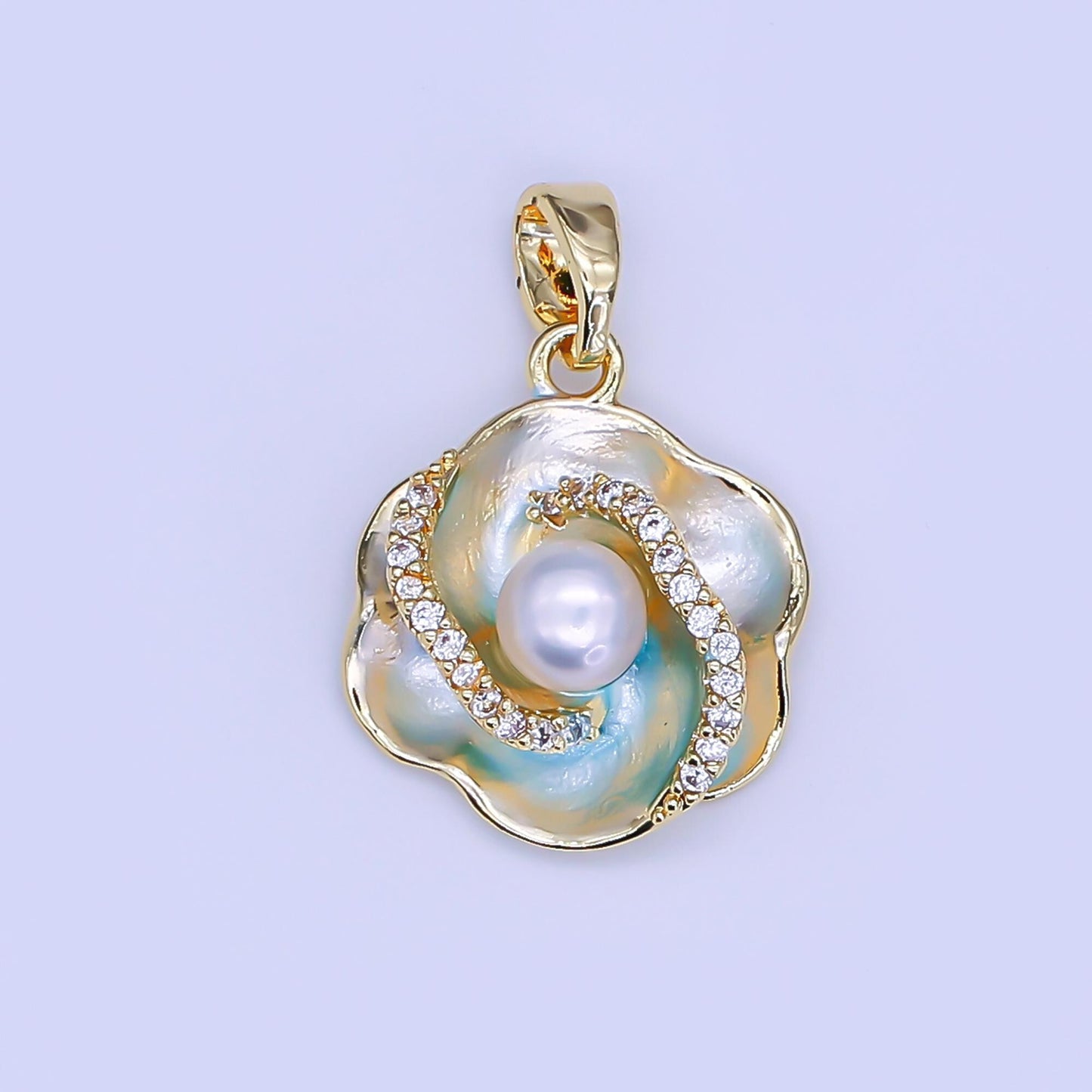 18k gold filled Hibiscus flower Iridescent Pearl Floral Charm pendant with Pearl Stone | AH-405