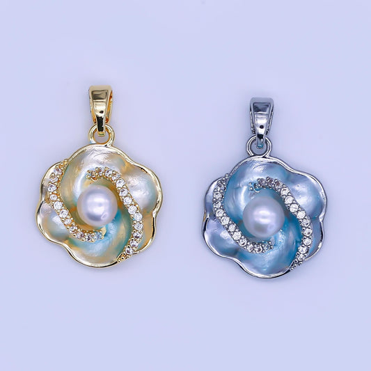 18k gold filled Hibiscus flower Iridescent Pearl Floral Charm pendant with Pearl Stone | AH-405