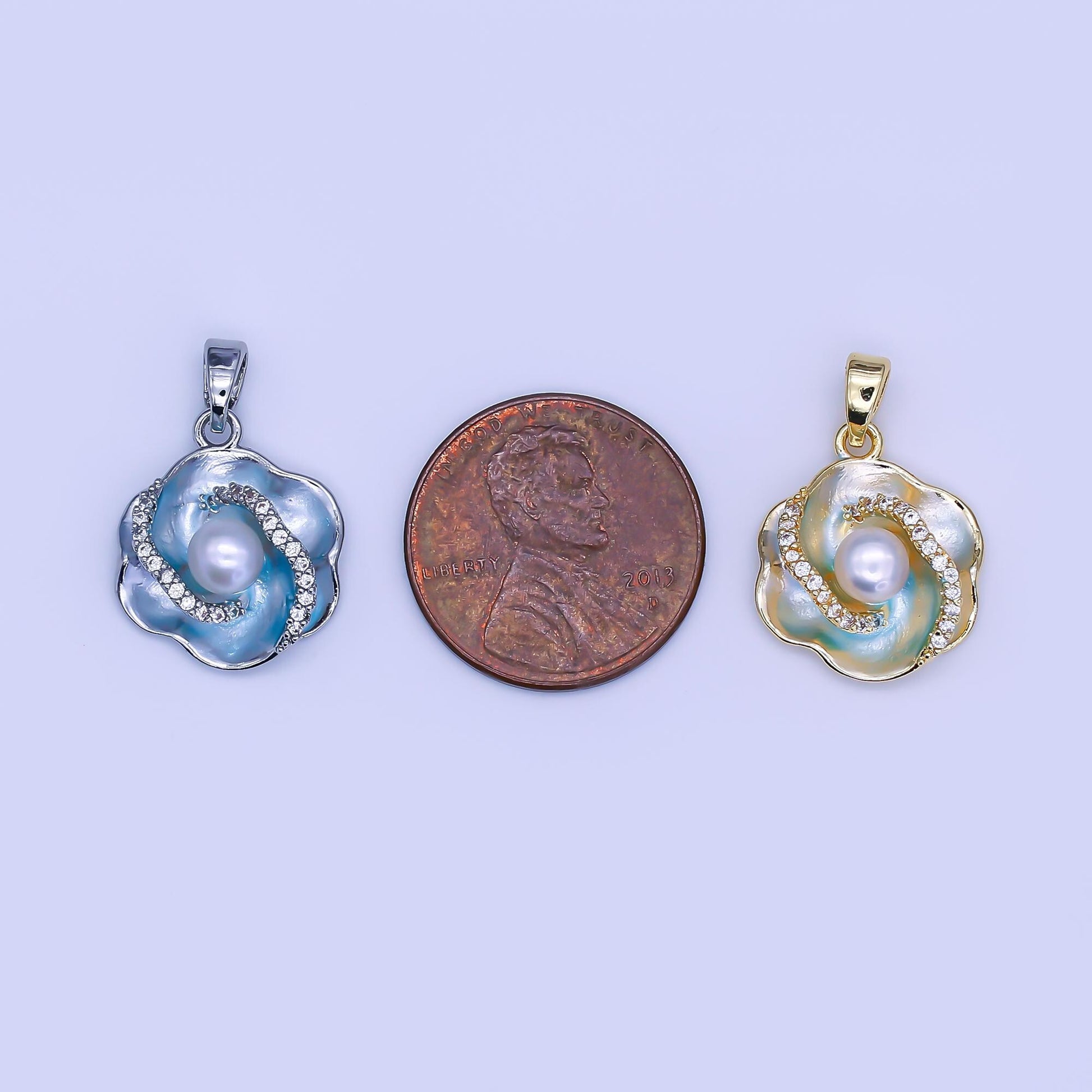 18k gold filled Hibiscus flower Iridescent Pearl Floral Charm pendant with Pearl Stone | AH-405
