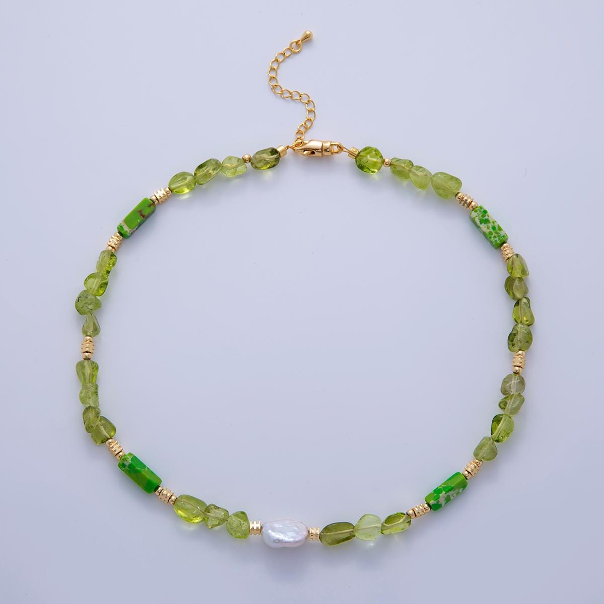 16K Gold Filled Freshwater Pearl Peridot Green Gemstone 16 Inch Handmade Beaded Cluster Necklace | WA-3179