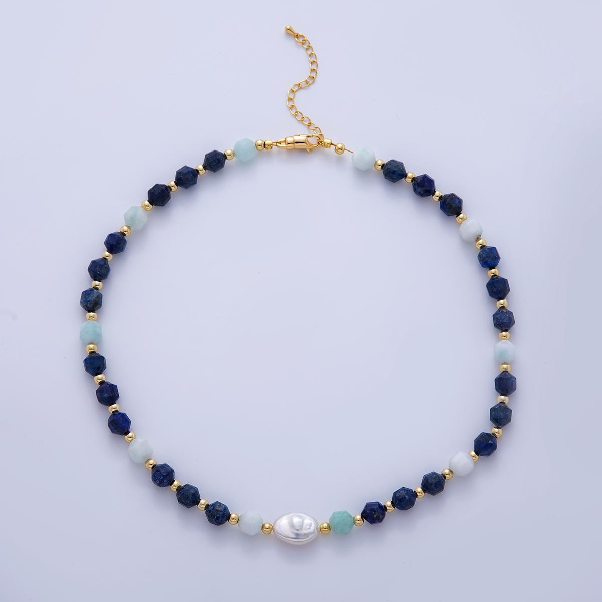 16K Gold Filled Freshwater Pearl Blue Lapis Lazuli Gemstone 16.5 Inch Handmade Beaded Cluster Necklace | WA-3178