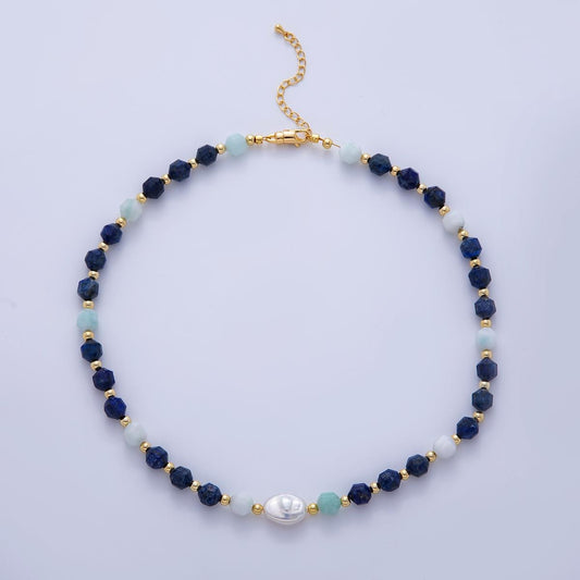 16K Gold Filled Freshwater Pearl Blue Lapis Lazuli Gemstone 16.5 Inch Handmade Beaded Cluster Necklace | WA-3178