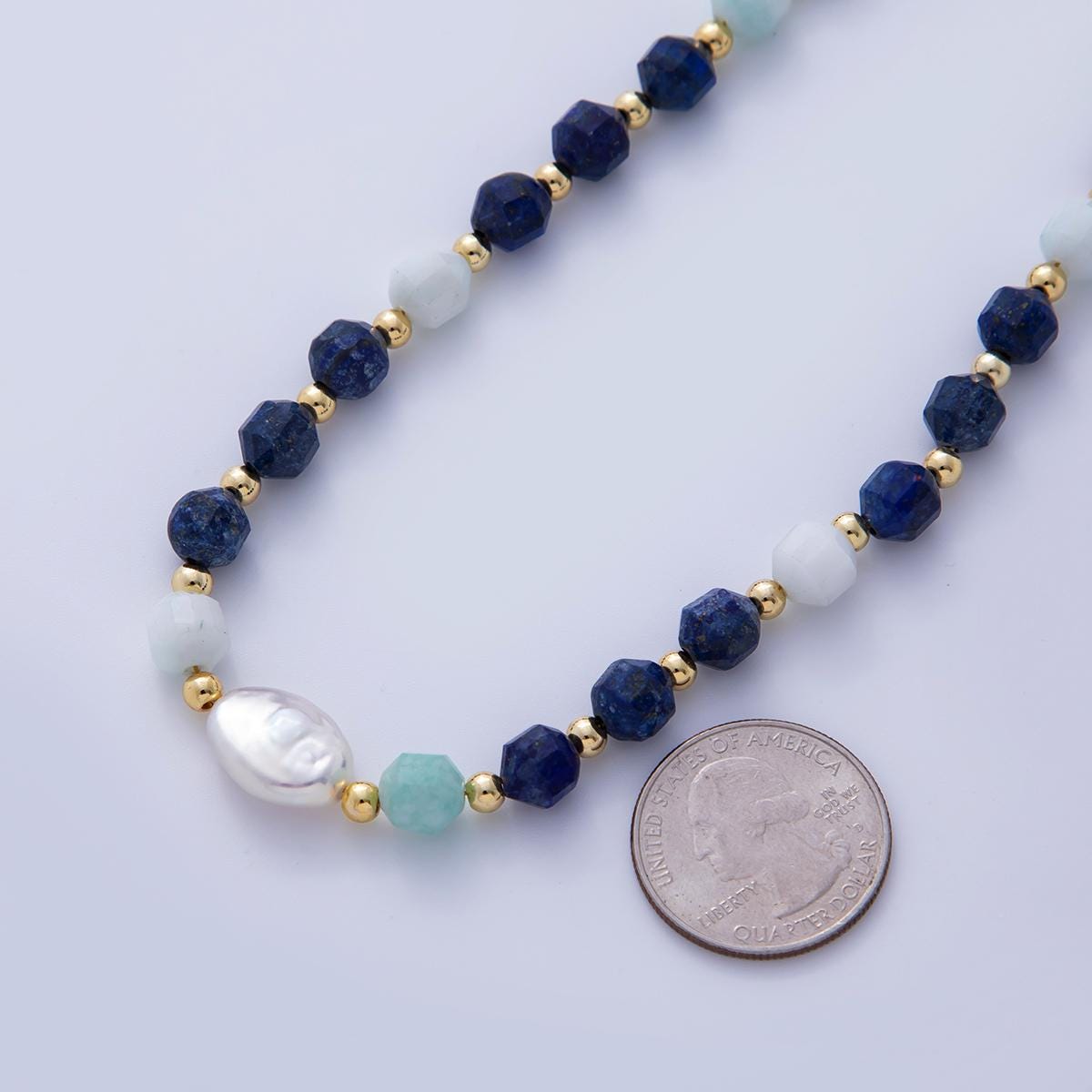 16K Gold Filled Freshwater Pearl Blue Lapis Lazuli Gemstone 16.5 Inch Handmade Beaded Cluster Necklace | WA-3178