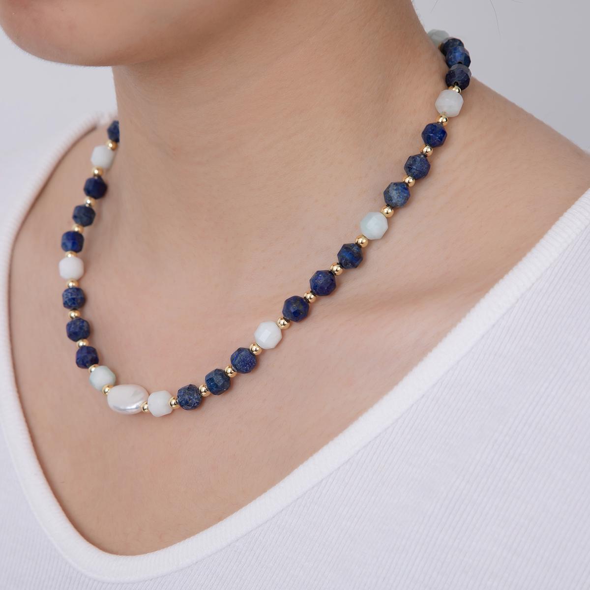 16K Gold Filled Freshwater Pearl Blue Lapis Lazuli Gemstone 16.5 Inch Handmade Beaded Cluster Necklace | WA-3178