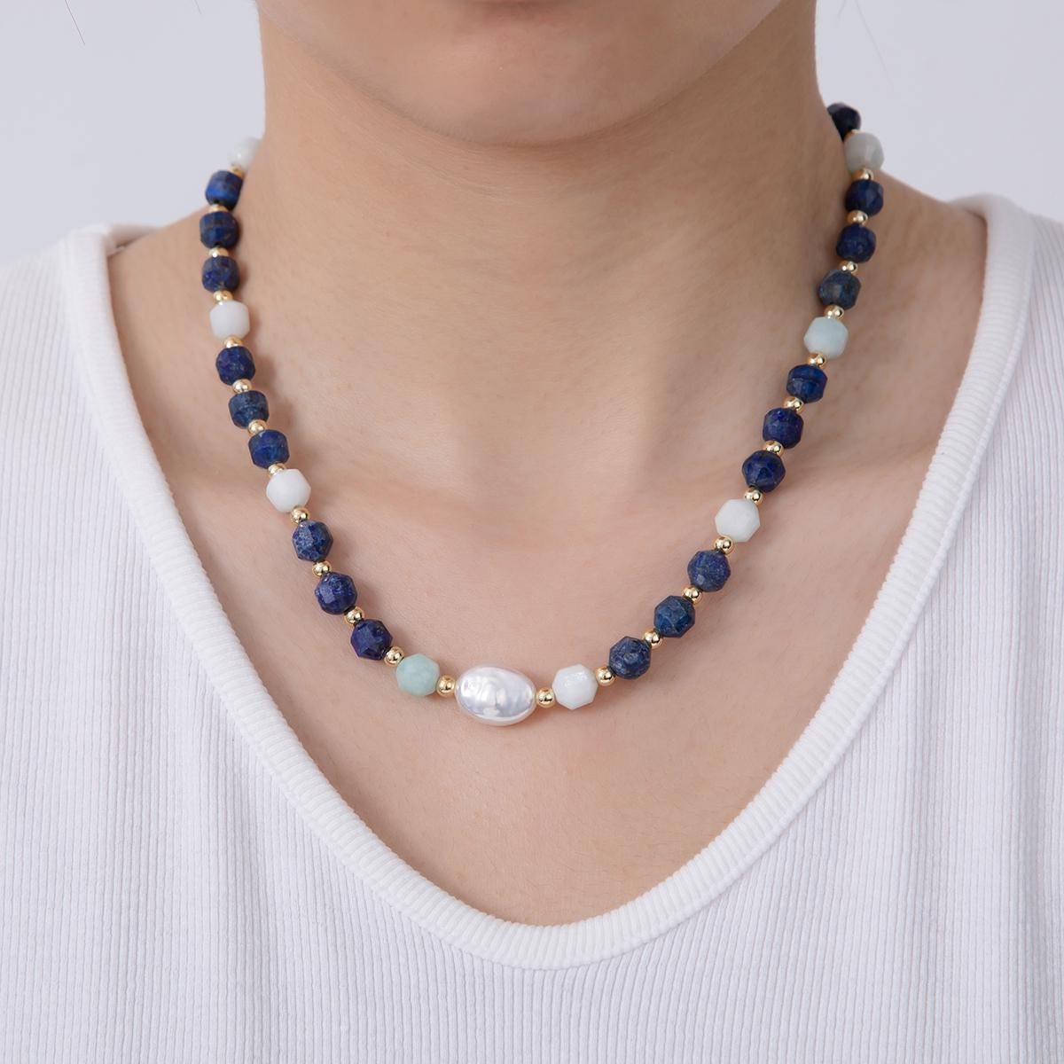 16K Gold Filled Freshwater Pearl Blue Lapis Lazuli Gemstone 16.5 Inch Handmade Beaded Cluster Necklace | WA-3178