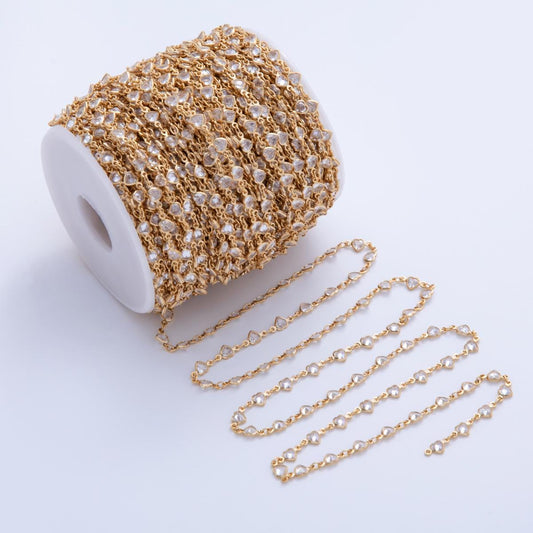 16K Gold Filled Dainty Heart Bezel Cut Chain by Yard, Wholesale Gold Sequin Chain CZ Bezel Cut Chain for Jewelry Making | ROLL-1586
