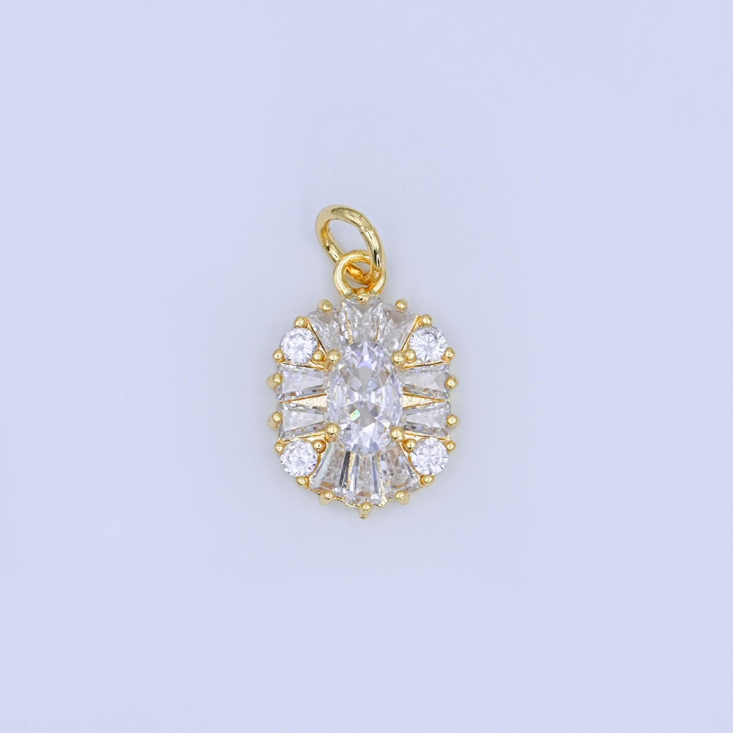 24k Gold Filled Oval Halo CZ Charm Clear CZ Radiant Starburst Pendant for Bracelet, Necklaces & Earrings Supply N-715