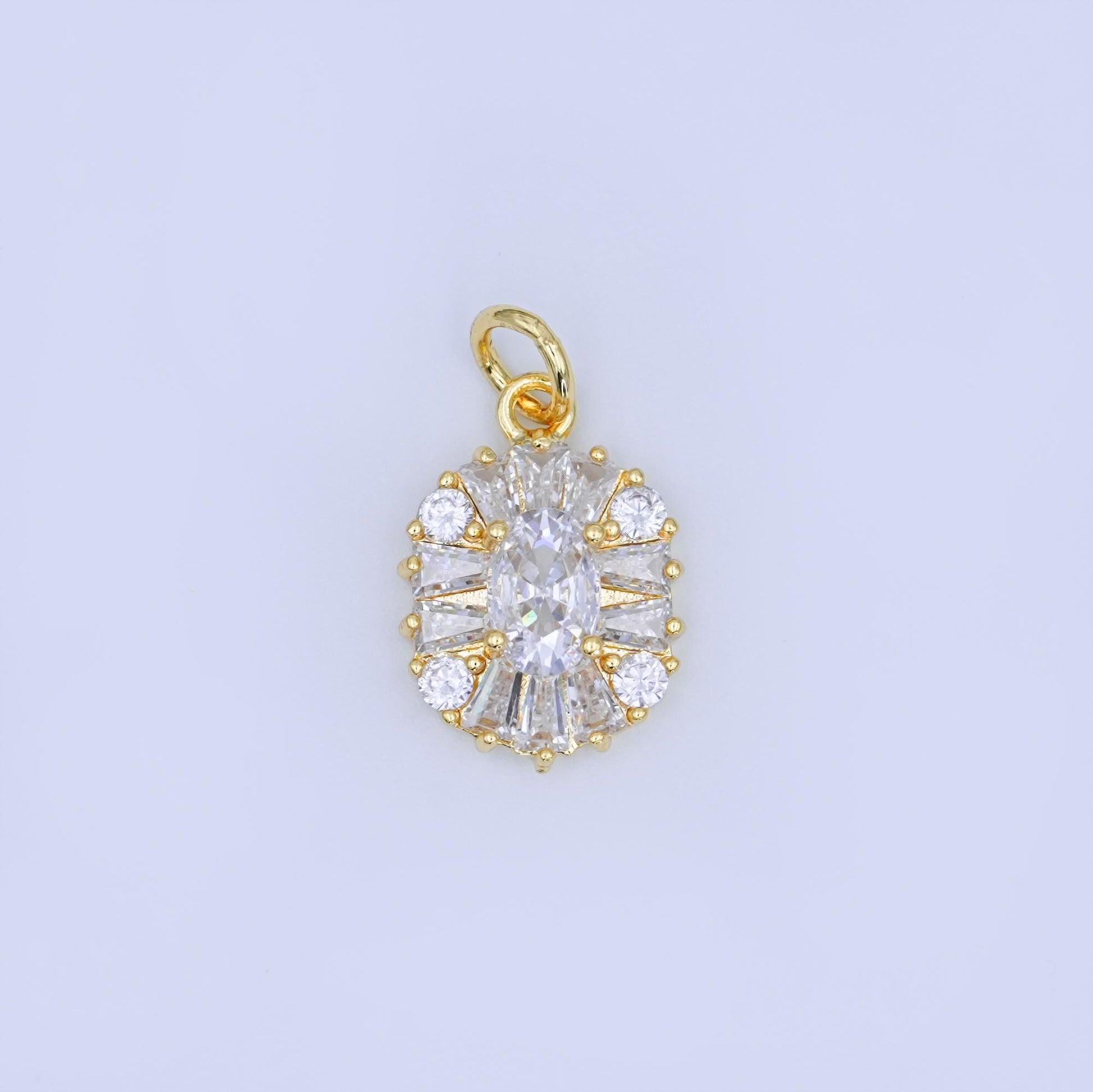 24k Gold Filled Oval Halo CZ Charm Clear CZ Radiant Starburst Pendant for Bracelet, Necklaces & Earrings Supply N-715