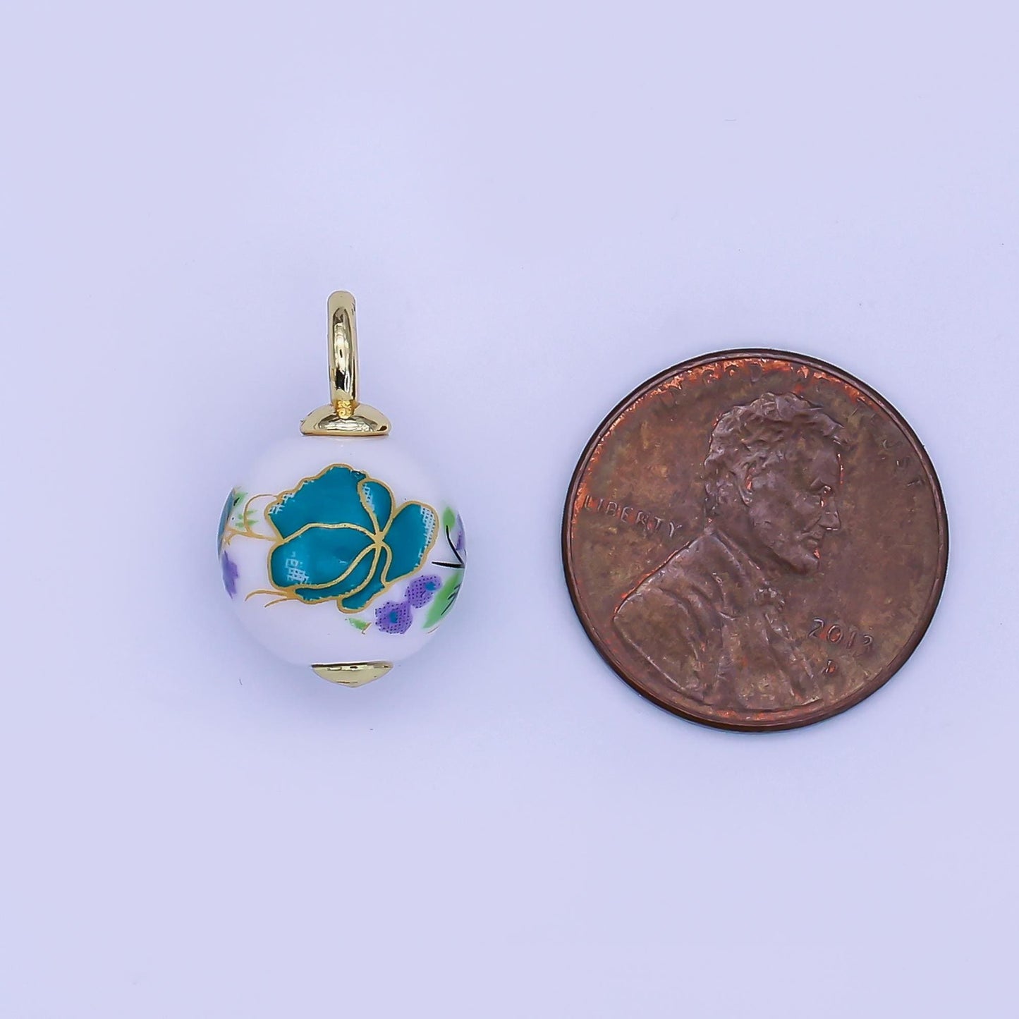 24K Gold Filled Blue Daisy Flower Round Ceramic Drop Pendant | C440