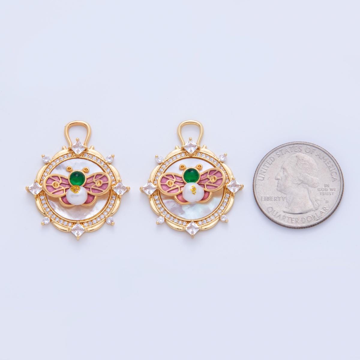 Gold Bee Charms, 18K Gold Filled Enamel Bee Pendant, CZ Round Charm with Green Gem for DIY Necklace Earring Jewelry Making AF-345