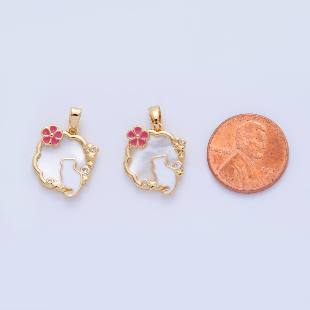 Gold Cat Charms, 18K Gold Filled Enamel Cat Pendant, CZ Round Charm with Green Gem for DIY Necklace Earring Jewelry Making AH-751