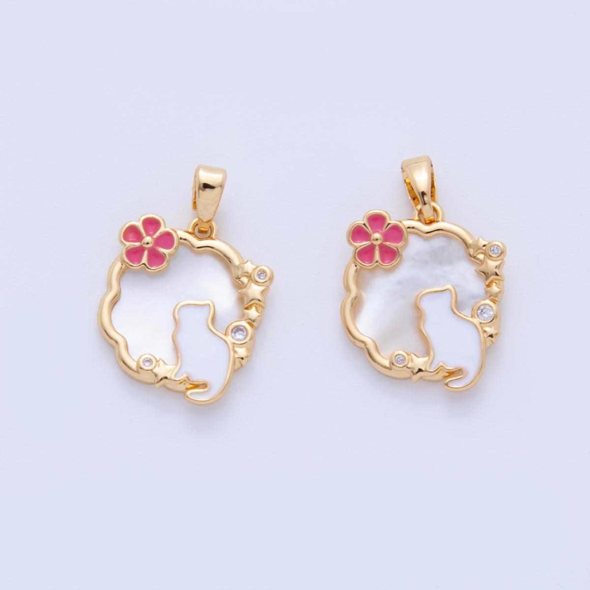 Gold Cat Charms, 18K Gold Filled Enamel Cat Pendant, CZ Round Charm with Green Gem for DIY Necklace Earring Jewelry Making AH-751