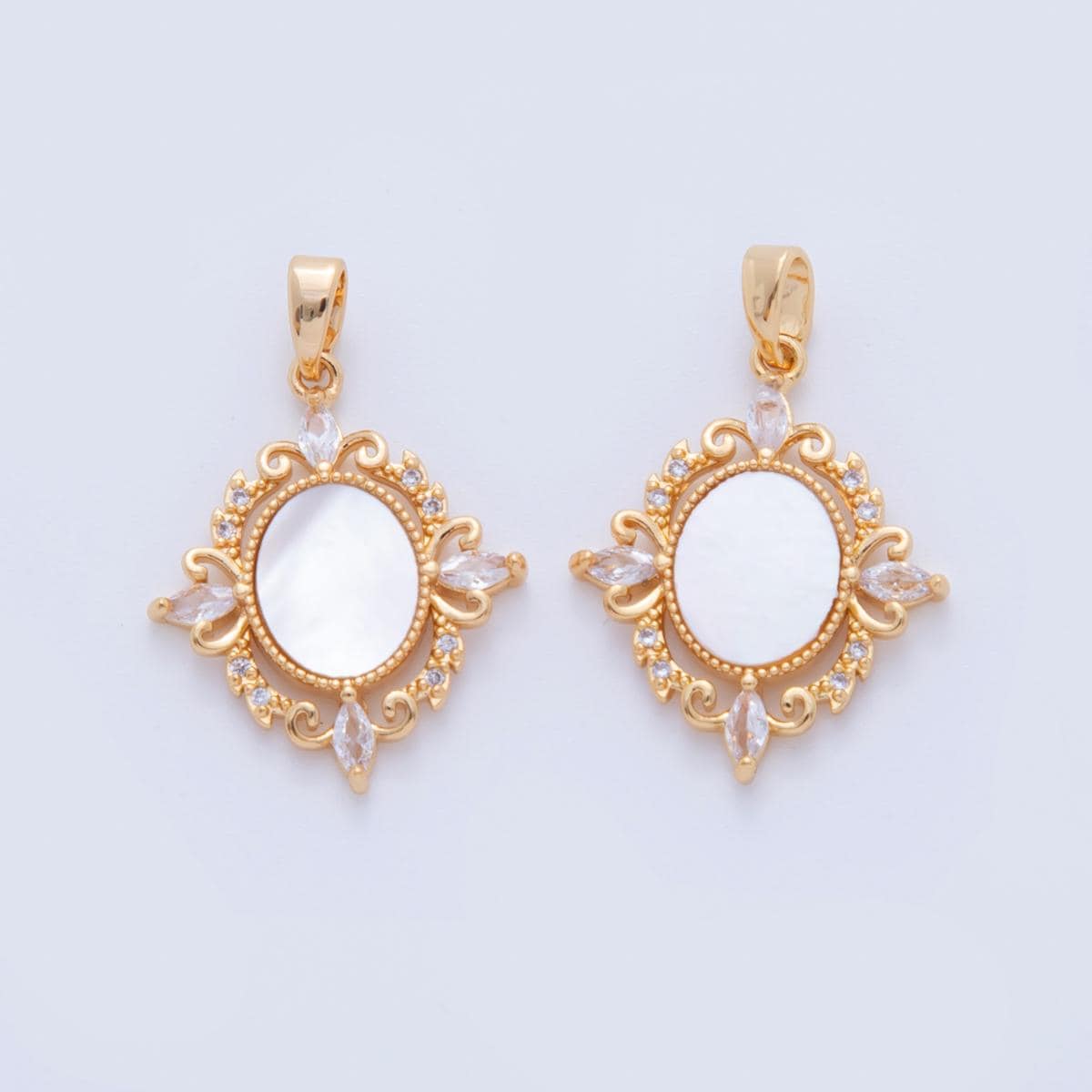 Gold Pearl Charms, 18K Gold Filled Vintage Oval Pendant, CZ Stone Charm for DIY Necklace Bracelet Jewelry Making AH-752