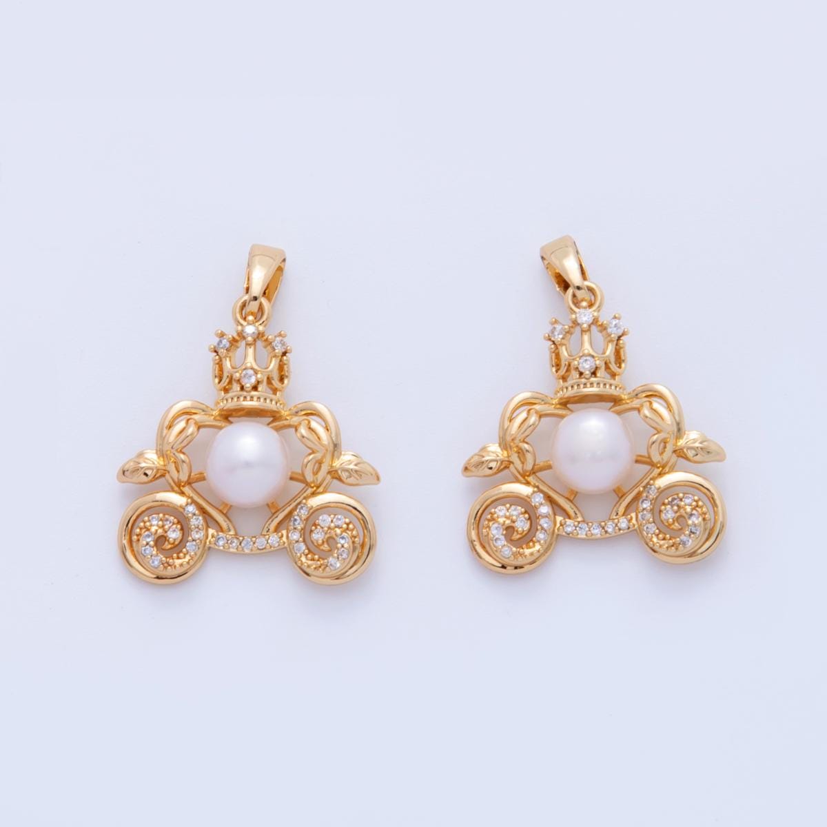 Gold Pearl Carriage , 18K Gold Filled Fantasy Princess Inspired Wedding Pendant CZ Charm for DIY Necklace Bracelet Jewelry Making AH-753