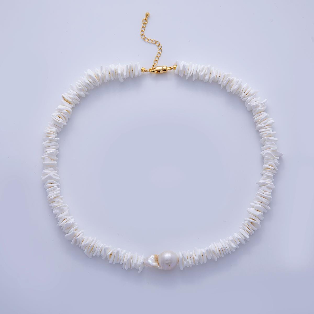 Puka Seashell Necklace White Square Cut Chip Lengths 17 inches Hawaiian Beach Surfer for Men Woman Unisex Necklace Summer Jewelry WA-3180