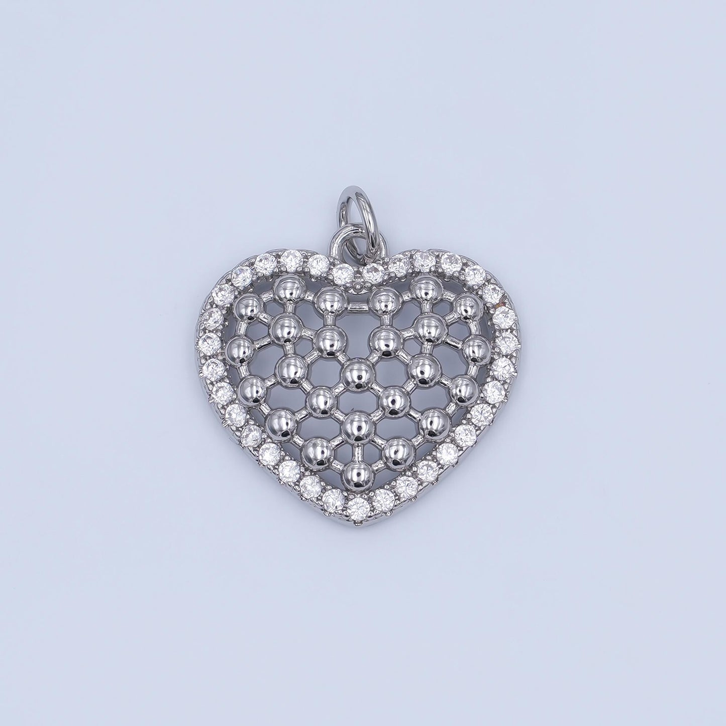 Mini gold Heart  charm clear micro paved CZ Filigree heart Silver charm | AJ-289