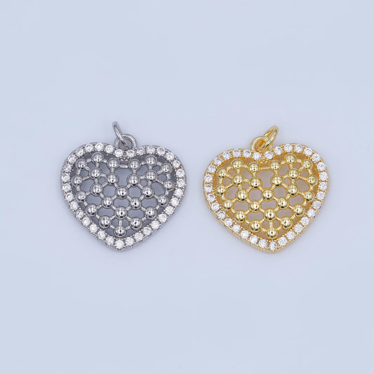Mini gold Heart  charm clear micro paved CZ Filigree heart Silver charm | AJ-289